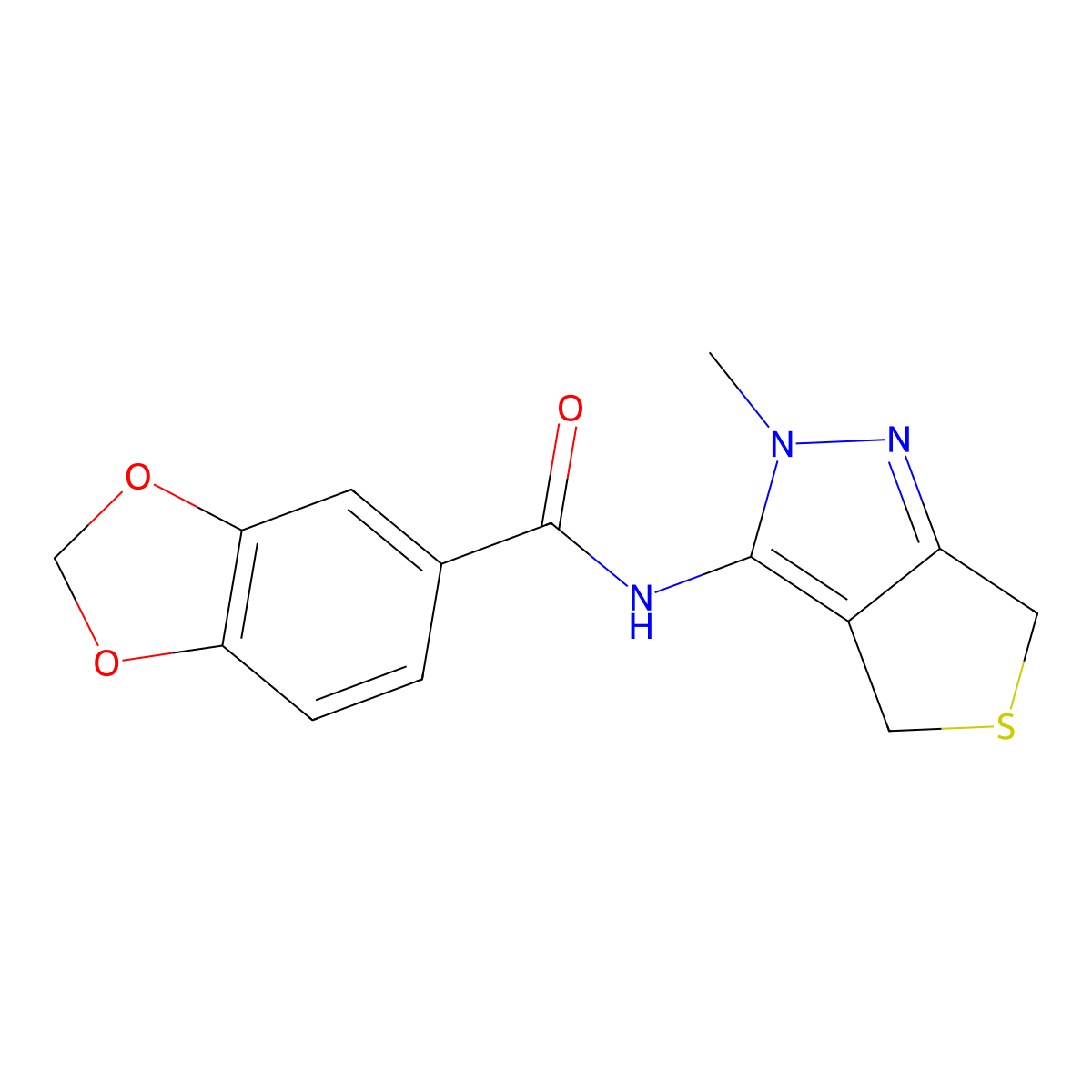 N-(2-methyl-2,6-dihydro-4H-thieno[3,4-c]pyrazol-3-yl)-1,3-benzodioxole-5-carboxamide molecular structure, CAS 1282143-58-1