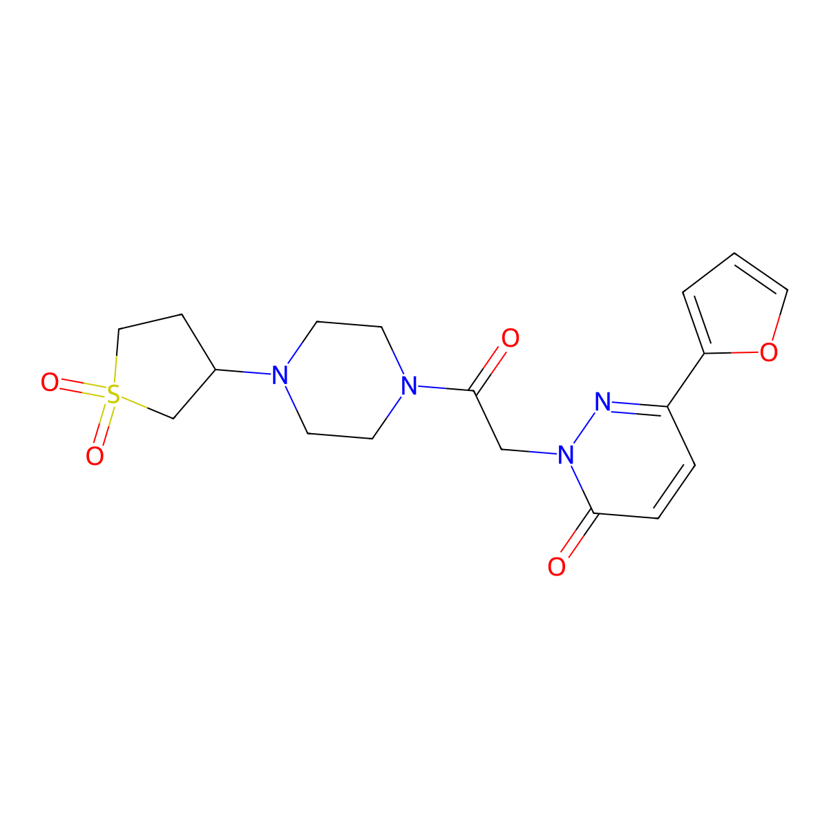 2-(2-(4-(1,1-dioxidotetrahydrothiophen-3-yl)piperazin-1-yl)-2-oxoethyl)-6-(furan-2-yl)pyridazin-3(2H)-one molecular structure, CAS 1282143-63-8