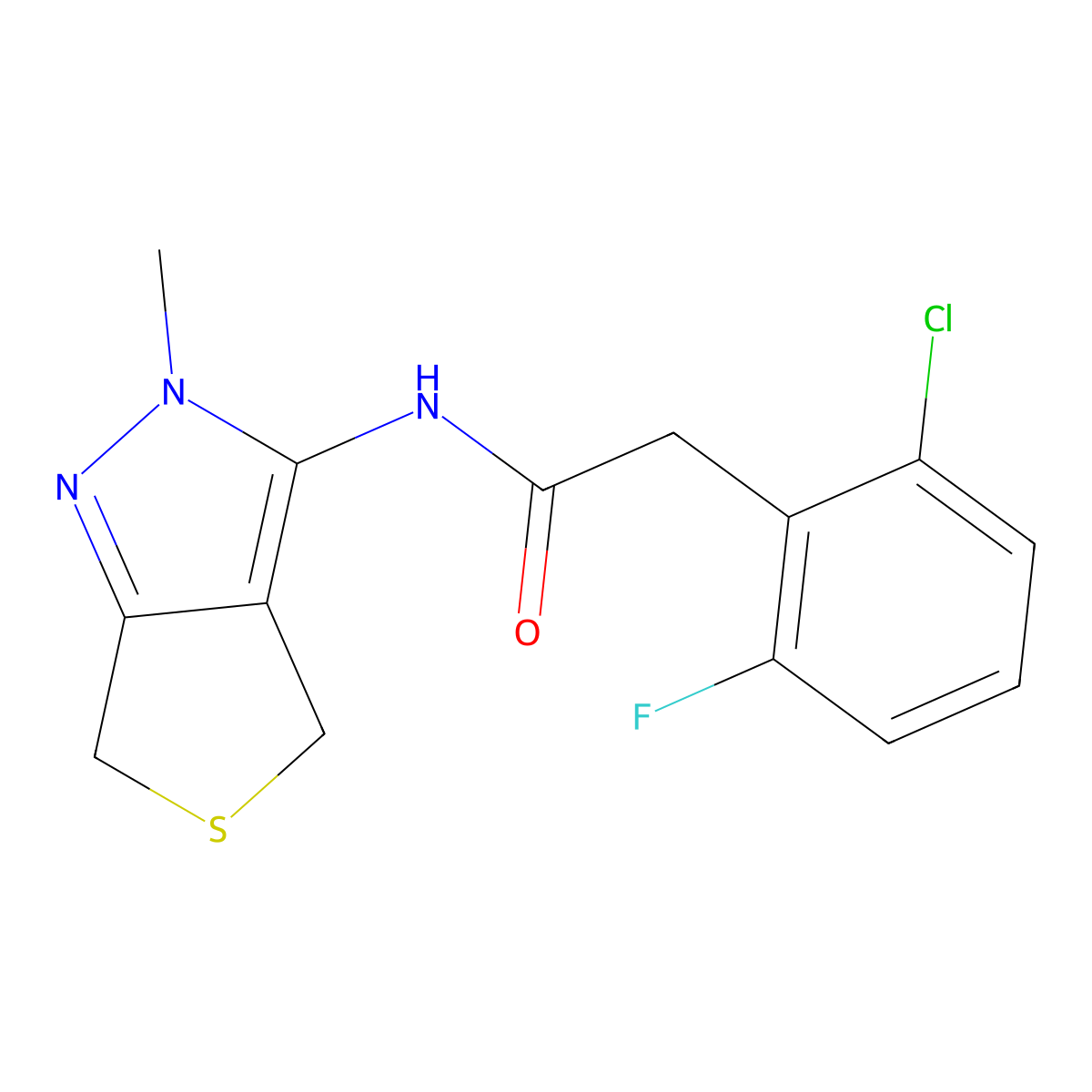 2-(2-chloro-6-fluorophenyl)-N-(2-methyl-2,6-dihydro-4H-thieno[3,4-c]pyrazol-3-yl)acetamide molecular structure, CAS 1282143-69-4