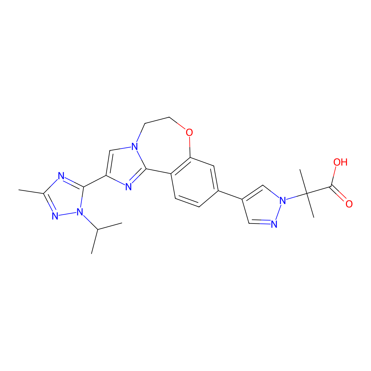 2-(4-(2-(1-isopropyl-3-methyl-1H-1,2,4-triazol-5-yl)-5,6-dihydrobenzo[f]imidazo[1,2-d][1,4]oxazepin-9-yl)-1H-pyrazol-1-yl)-2-methylpropanoic acid molecular structure, CAS 1282513-03-4