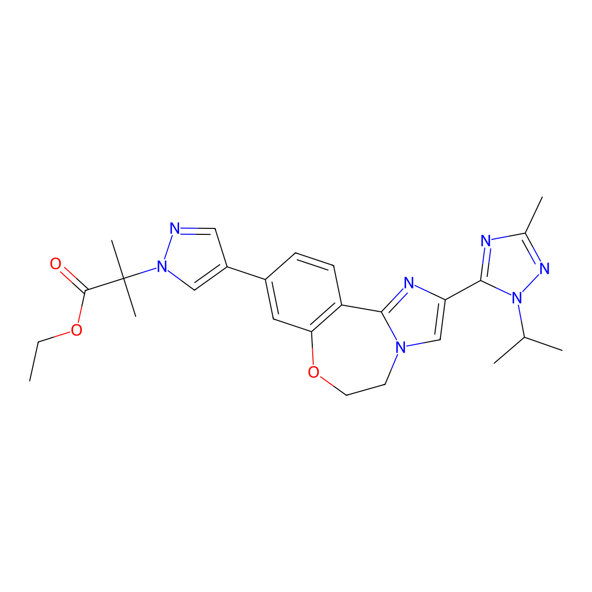 ethyl 2-(4-(2-(1-isopropyl-3-methyl-1H-1,2,4-triazol-5-yl)-5,6-dihydrobenzo[f]imidazo[1,2-d][1,4]oxazepin-9-yl)-1H-pyrazol-1-yl)-2-methylpropanoate molecular structure, CAS 1282514-64-0