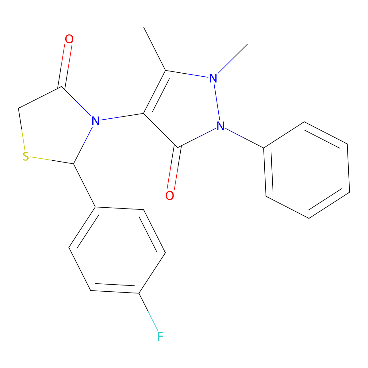 3-(1,5-dimethyl-3-oxo-2-phenyl-2,3-dihydro-1H-pyrazol-4-yl)-2-(4-fluorophenyl)-1,3-thiazolidin-4-one molecular structure, CAS 128317-50-0
