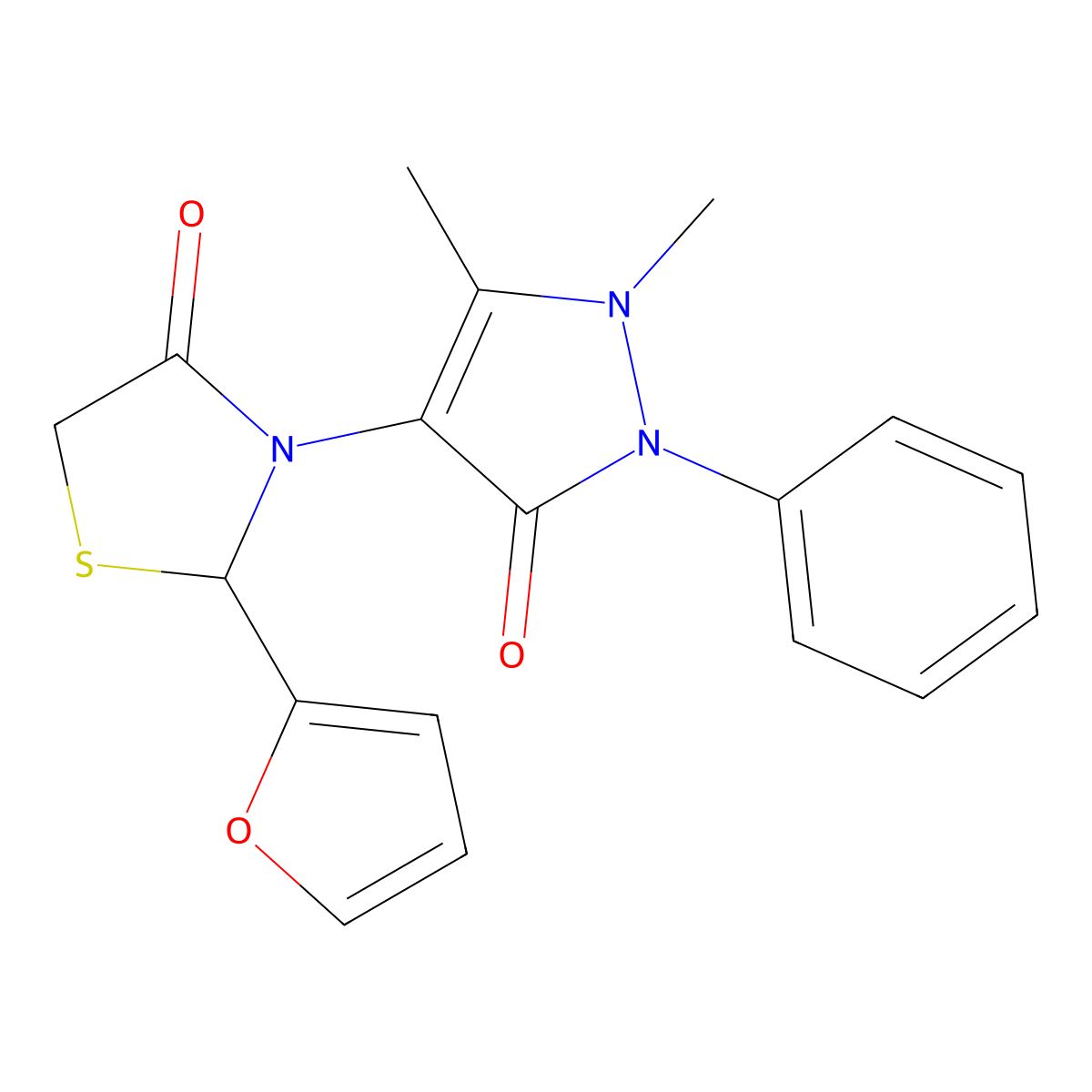 3-(1,5-Dimethyl-3-oxo-2-phenylpyrazol-4-yl)-2-(furan-2-yl)-1,3-thiazolidin-4-one molecular structure, CAS 128317-58-8