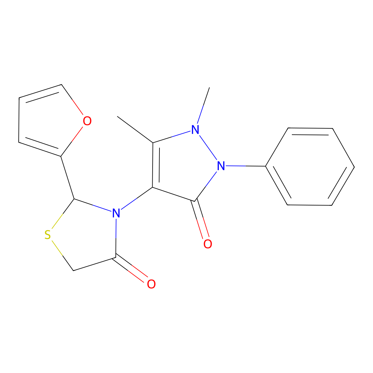 3-(1,5-Dimethyl-3-oxo-2-phenylpyrazol-4-yl)-2-(furan-2-yl)-1,3-thiazolidin-4-one molecular structure, CAS 128317-58-8