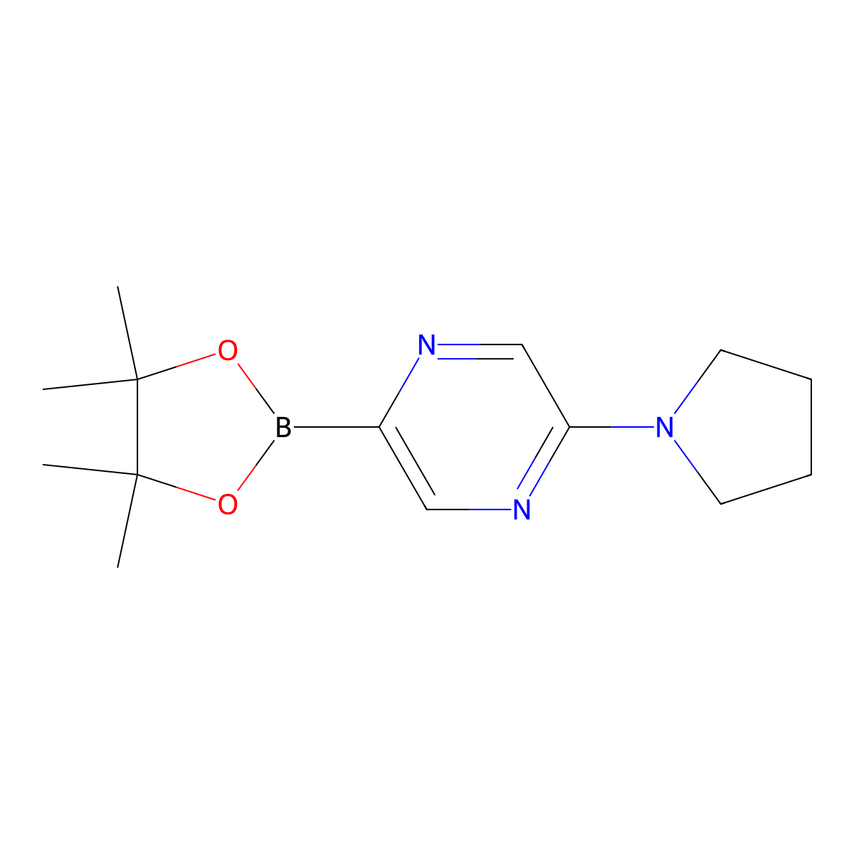2-(Pyrrolidin-1-YL)-5-(4,4,5,5-tetramethyl-1,3,2-dioxaborolan-2-YL)pyrazine molecular structure, CAS 1283179-52-1