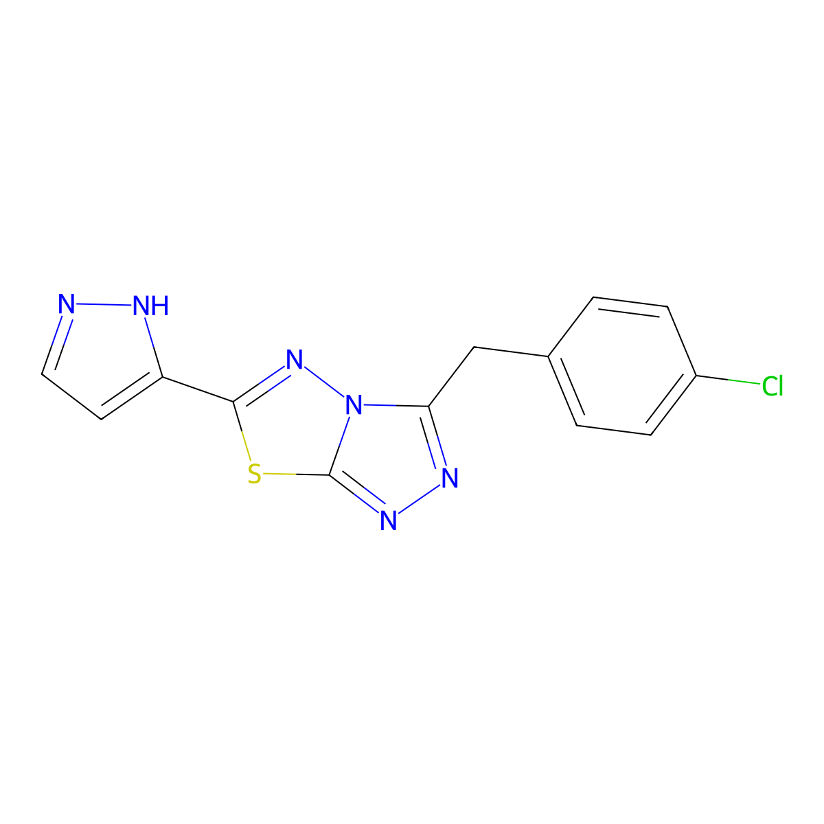 3-(4-chlorobenzyl)-6-(1H-pyrazol-5-yl)[1,2,4]triazolo[3,4-b][1,3,4]thiadiazole molecular structure, CAS 1283261-04-0