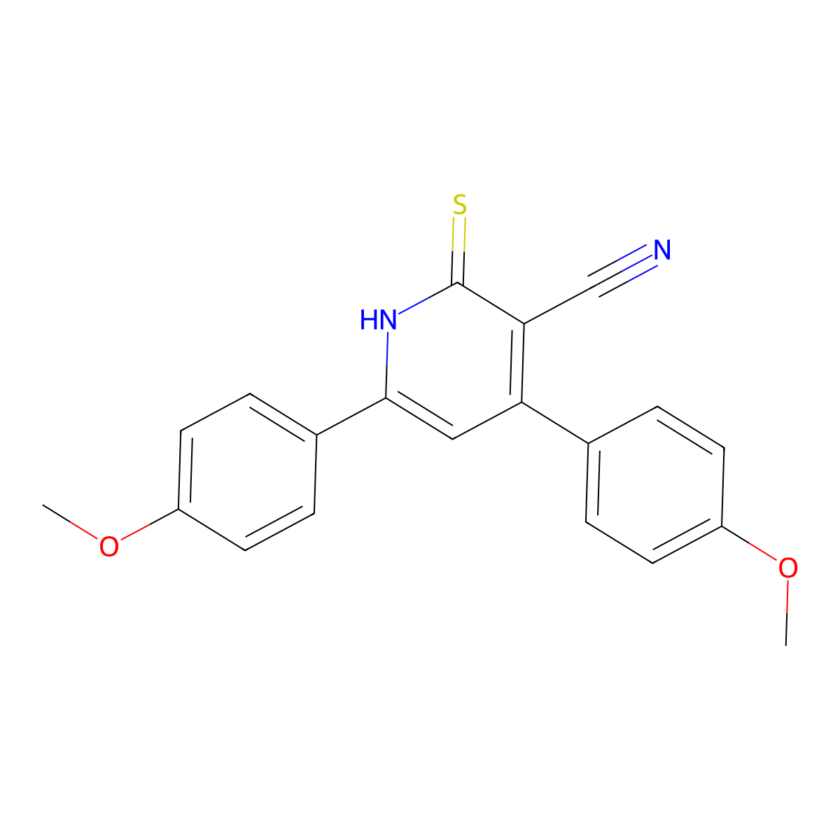 2-Mercapto-4,6-bis(4-methoxyphenyl)nicotinonitrile molecular structure, CAS 128342-39-2