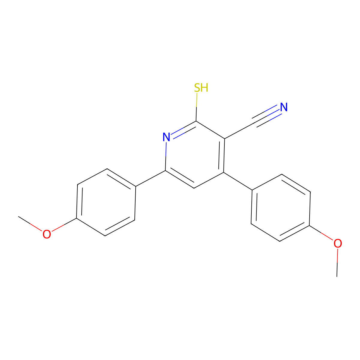 2-Mercapto-4,6-bis(4-methoxyphenyl)nicotinonitrile molecular structure, CAS 128342-39-2