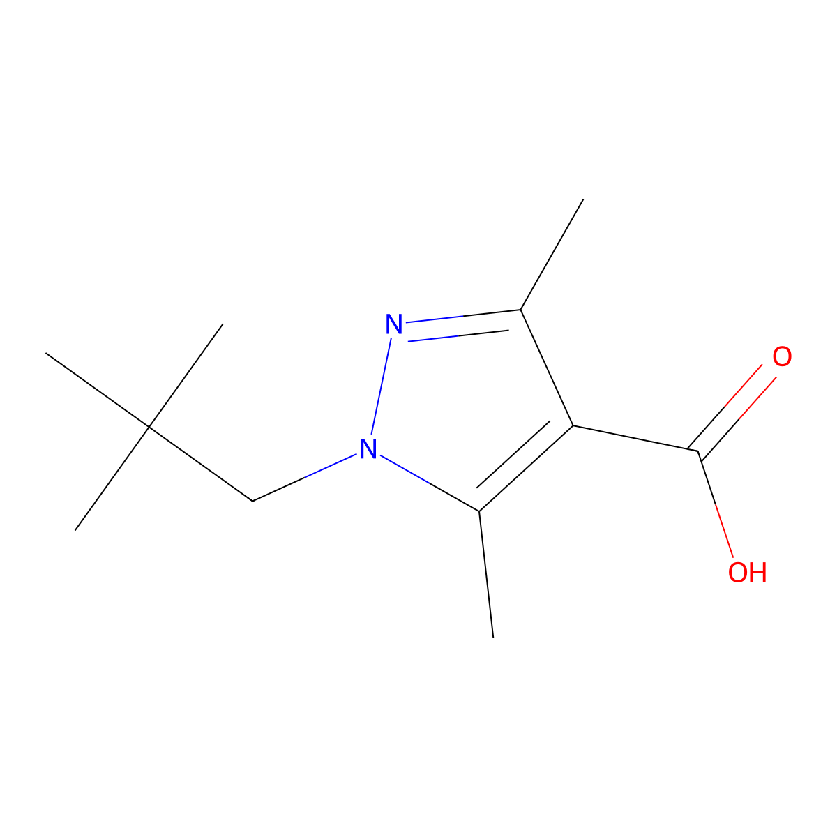 1-(2,2-dimethylpropyl)-3,5-dimethyl-1H-pyrazole-4-carboxylic acid molecular structure, CAS 1283447-28-8