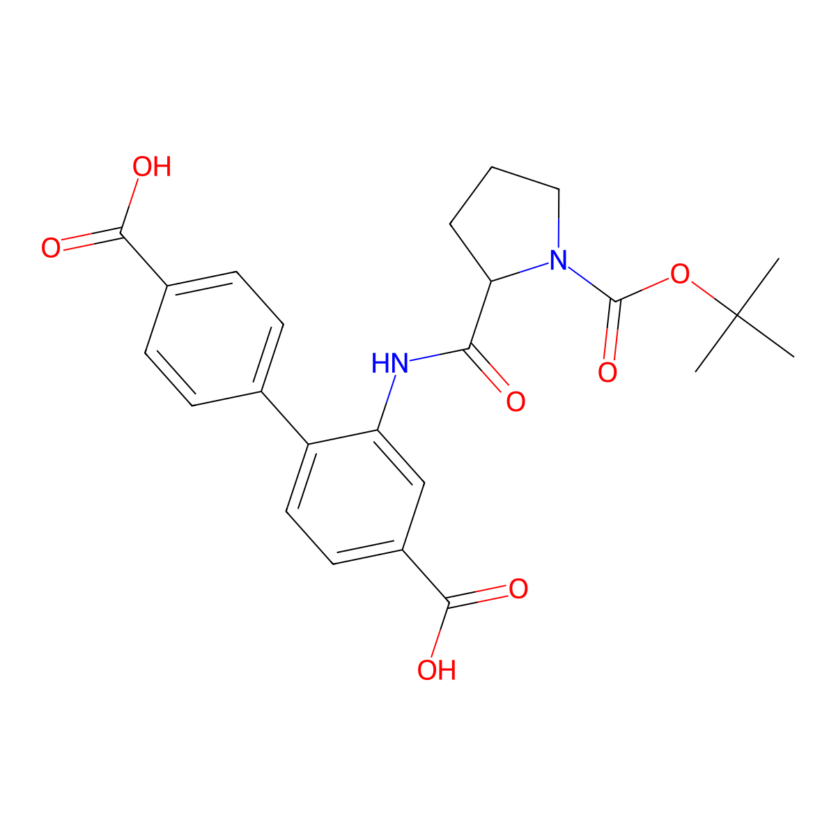 (S)-2-(1-(Tert-butoxycarbonyl)pyrrolidine-2-carboxamido)-[1,1'-biphenyl]-4,4'-dicarboxylic acid molecular structure, CAS 1283676-82-3