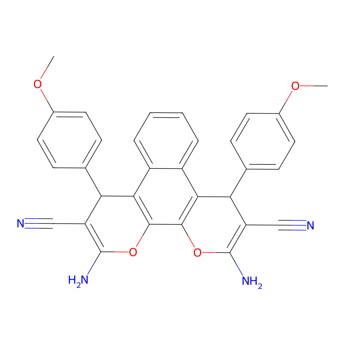 2,11-Diamino-4,9-bis(4-methoxyphenyl)-4,9-dihydrobenzo[f]pyrano[3,2-h]chromene-3,10-dicarbonitrile molecular structure, CAS 128405-07-2