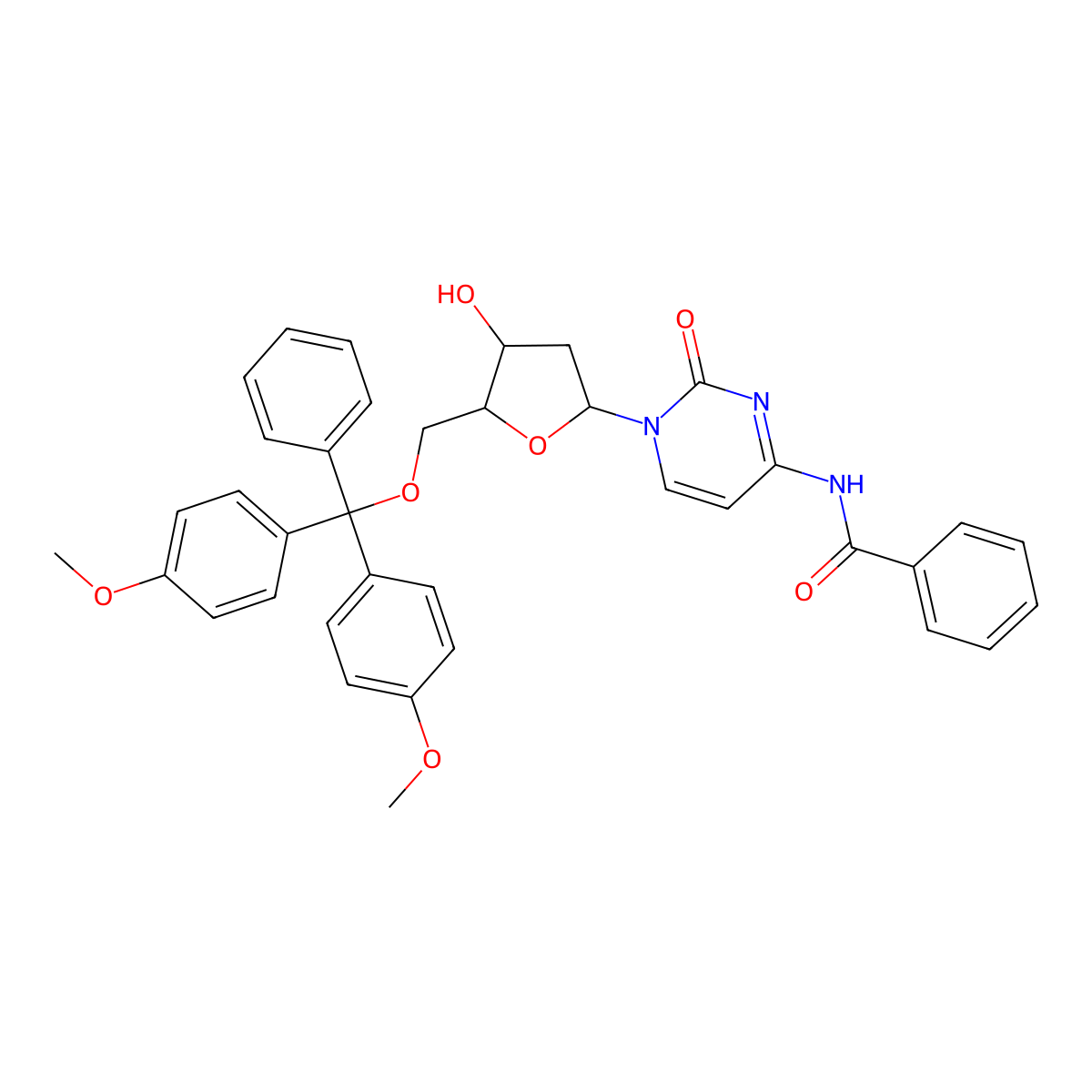 N-[1-[5-[[bis(4-methoxyphenyl)-phenyl-methoxy]methyl]-4-hydroxy-tetrahydrofuran-2-yl]-2-oxo-pyrimidin-4-yl]benzamide molecular structure, CAS 128435-26-7
