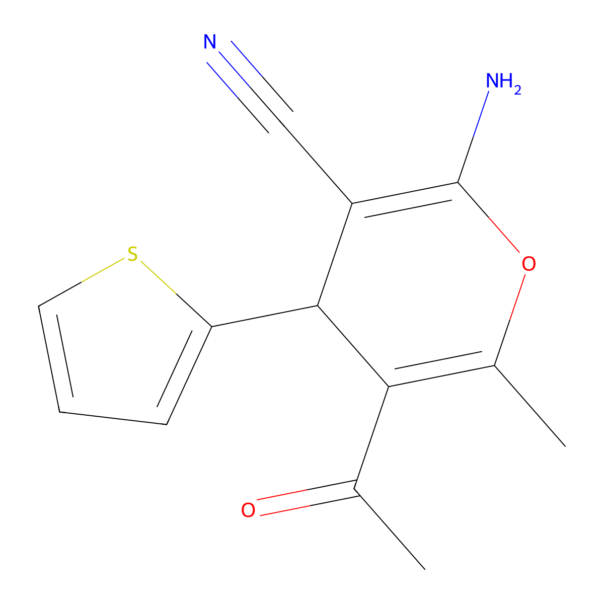 5-acetyl-2-amino-6-methyl-4-(2-thienyl)-4H-pyran-3-carbonitrile molecular structure, CAS 128453-25-8