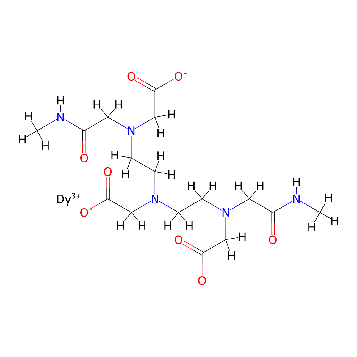 (5,8-Bis((carboxy-kappaO)methyl)-11-(2-(methylamino)-2-(oxo-kappaO)ethyl)-3-(oxo-kappaO)-2,5,8,11-tetraazatridecan-13-oato(3-)-kappaN5,kappaN8,kappaN11,kappaO)dysprosium molecular structure, CAS 128470-17-7