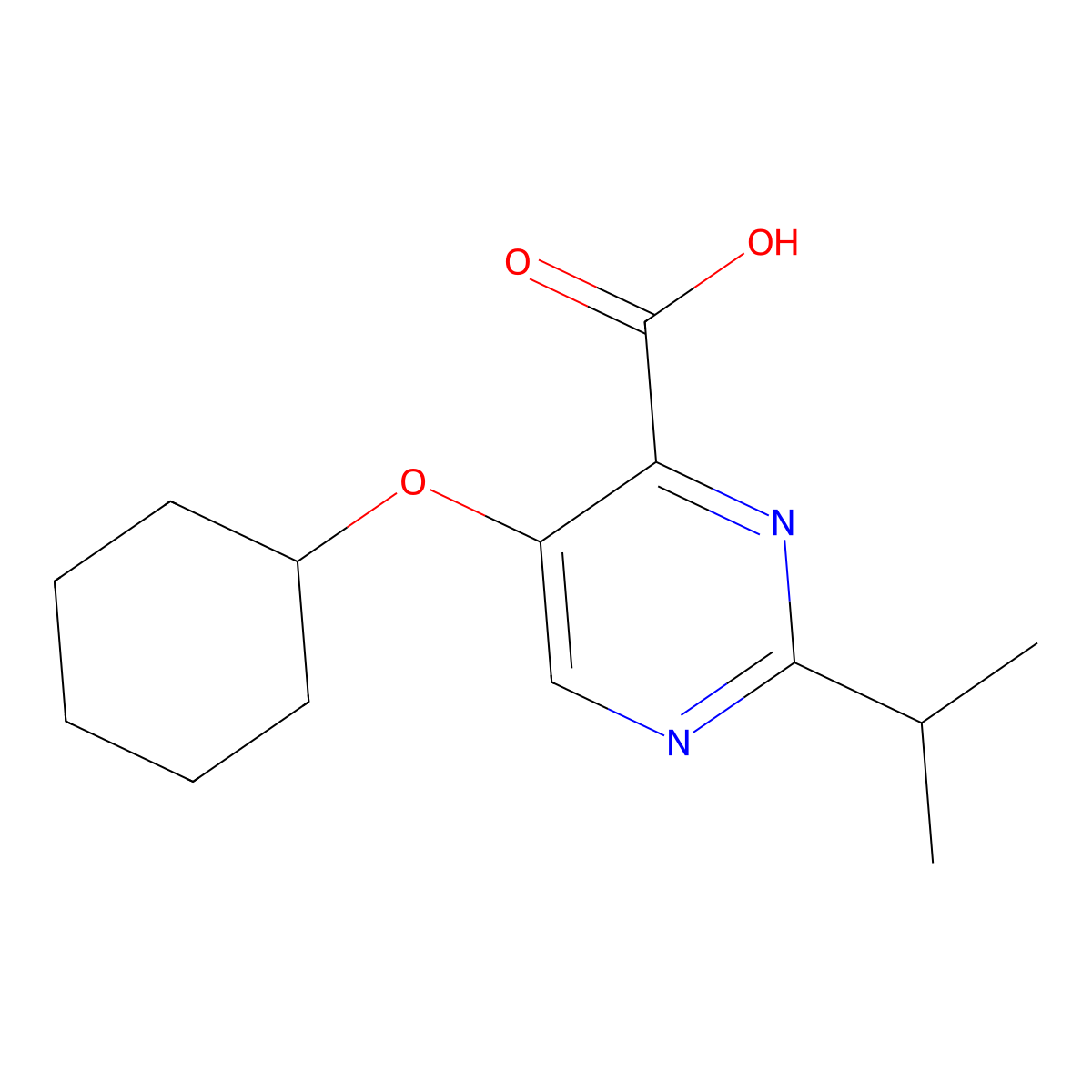 4-Pyrimidinecarboxylic acid, 5-(cyclohexyloxy)-2-(1-methylethyl)- molecular structure, CAS 1285240-07-4