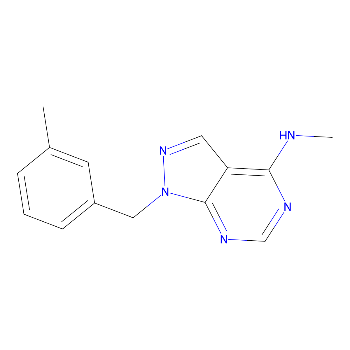 N-methyl-1-((3-methylphenyl)methyl)-1H-pyrazolo(3,4-d)pyrimidin-4-amine molecular structure, CAS 1285277-23-7