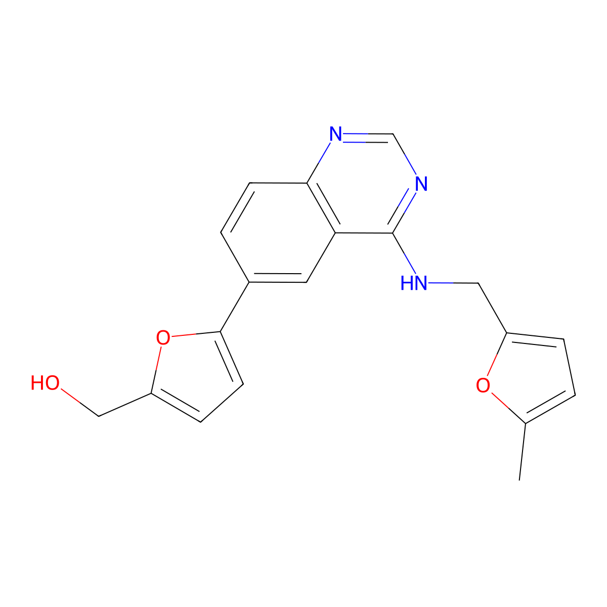 (5-(4-(((5-Methylfuran-2-yl)methyl)amino)quinazolin-6-yl)furan-2-yl)methanol molecular structure, CAS 1285702-20-6