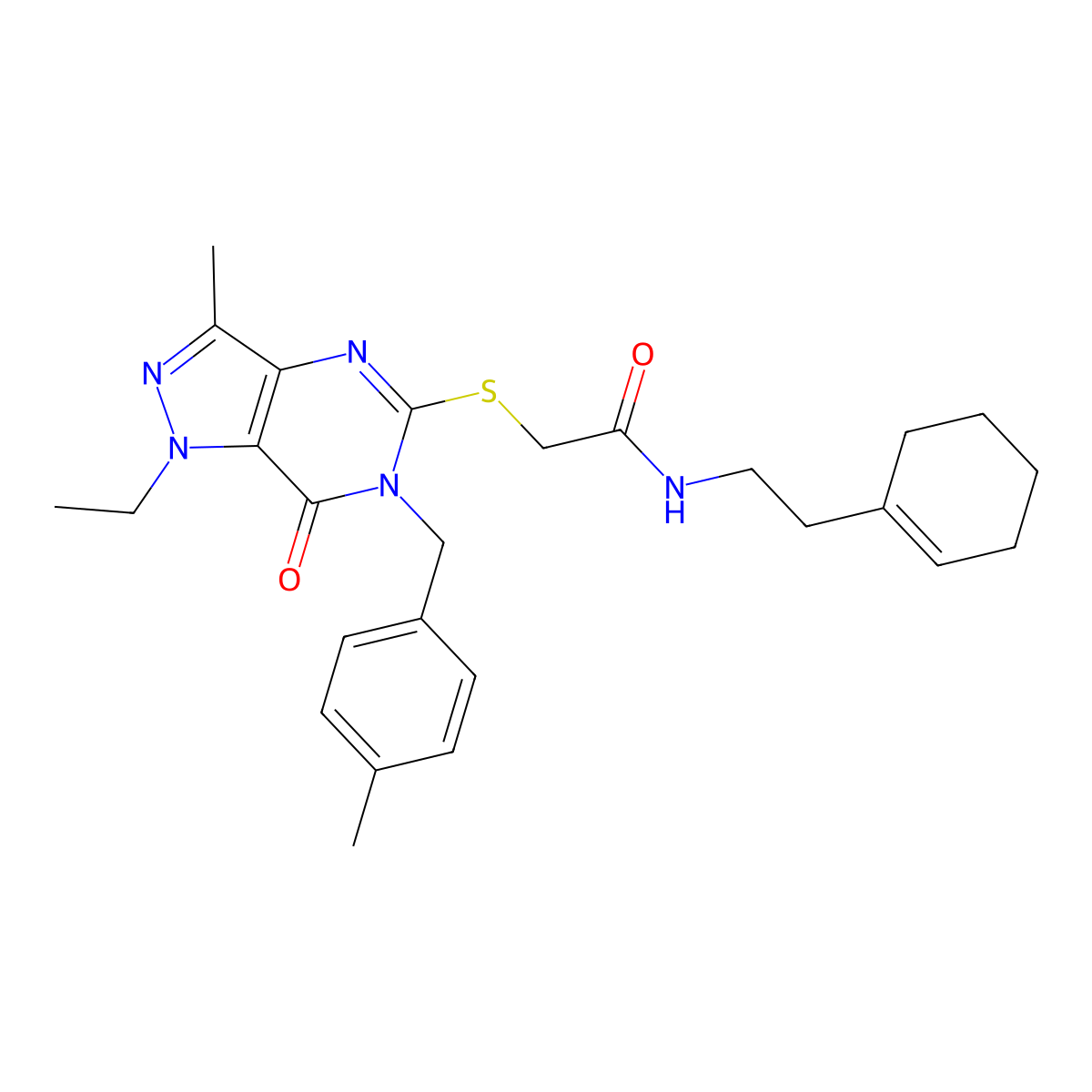 N-[2-(cyclohex-1-en-1-yl)ethyl]-2-({1-ethyl-3-methyl-6-[(4-methylphenyl)methyl]-7-oxo-1H,6H,7H-pyrazolo[4,3-d]pyrimidin-5-yl}sulfanyl)acetamide molecular structure, CAS 1285884-31-2