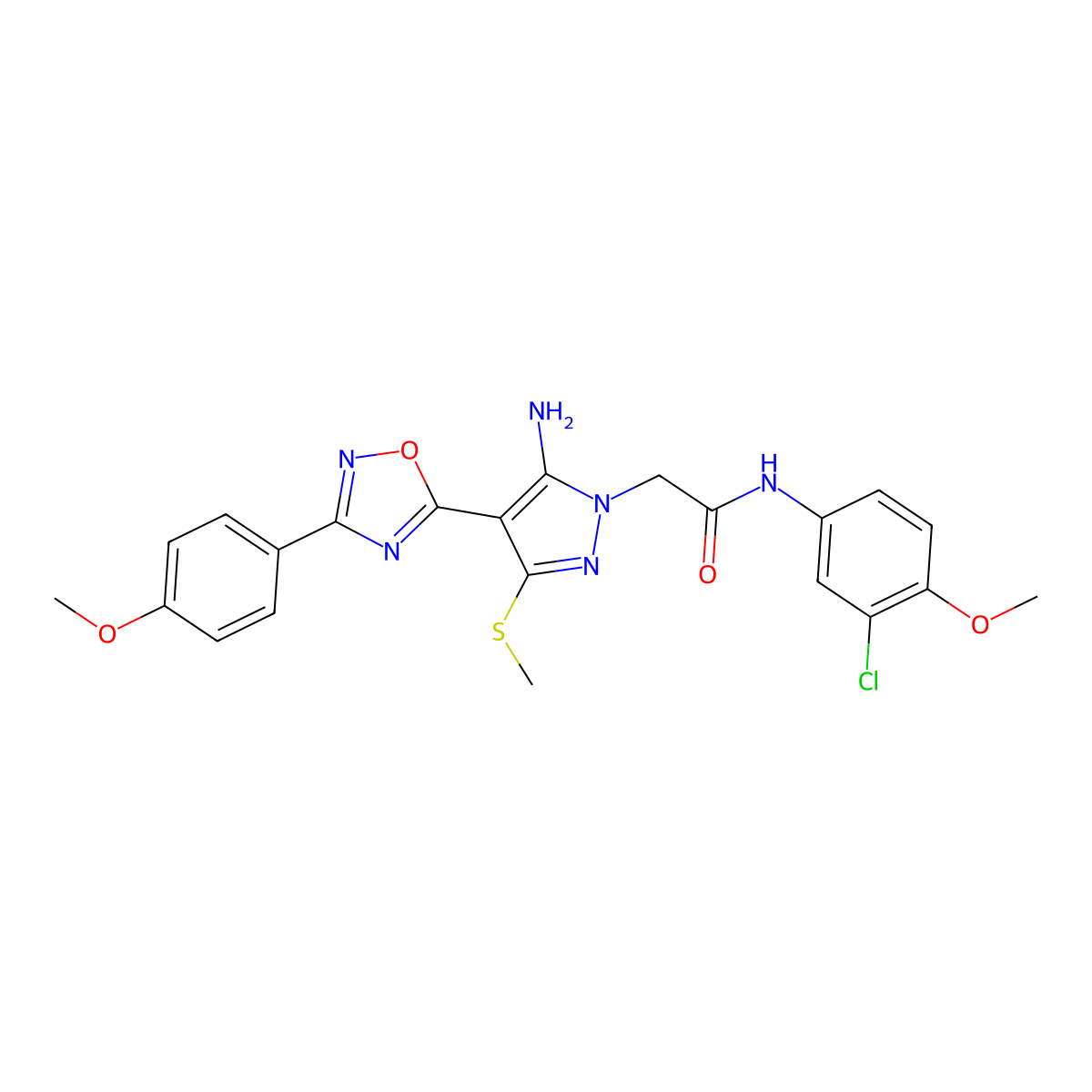 2-[5-amino-4-[3-(4-methoxyphenyl)-1,2,4-oxadiazol-5-yl]-3-(methylsulfanyl)-1H-pyrazol-1-yl]-N~1~-(3-chloro-4-methoxyphenyl)acetamide molecular structure, CAS 1285924-18-6