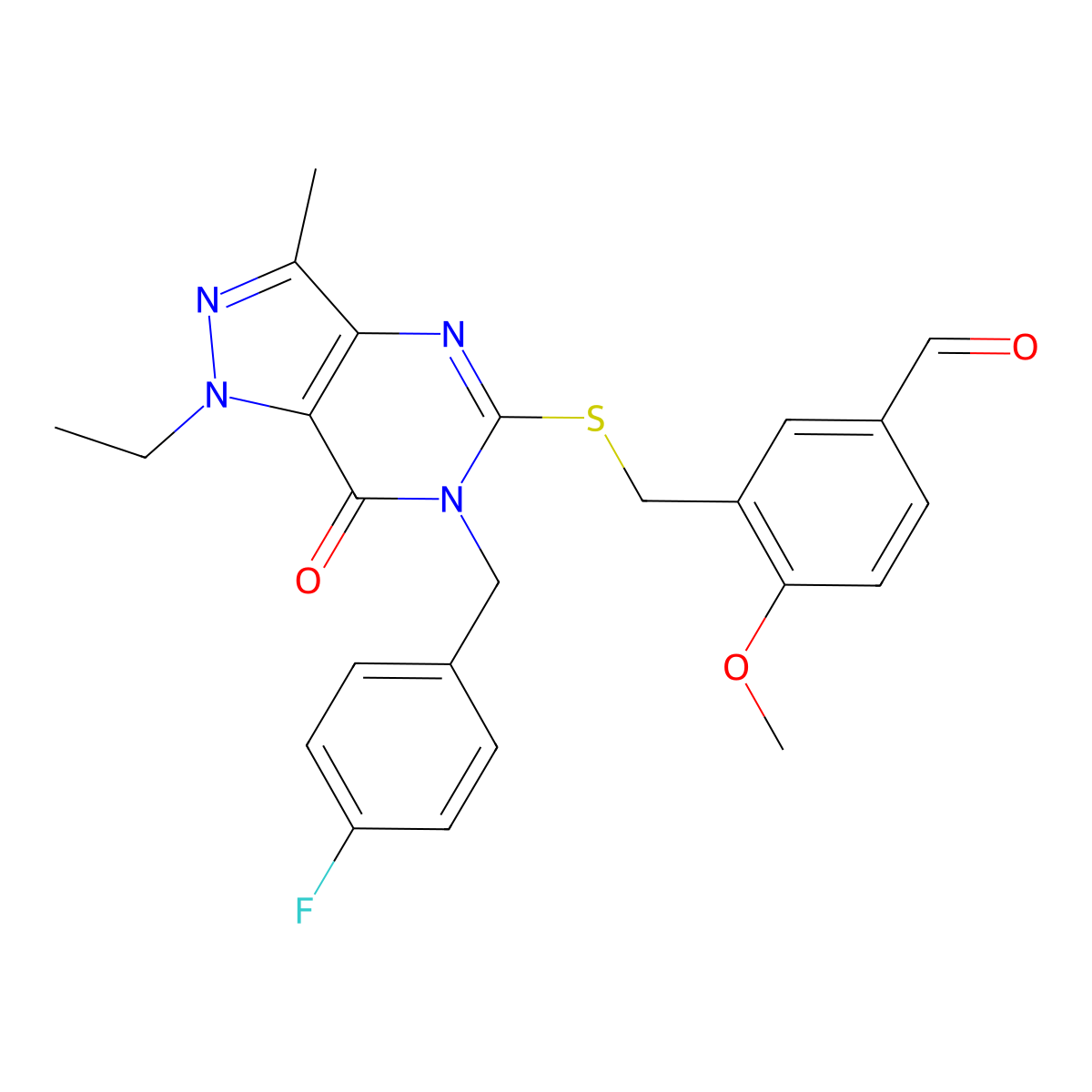 3-({[1-ethyl-6-(4-fluorobenzyl)-3-methyl-7-oxo-6,7-dihydro-1H-pyrazolo[4,3-d]pyrimidin-5-yl]sulfanyl}methyl)-4-methoxybenzaldehyde molecular structure, CAS 1285965-40-3