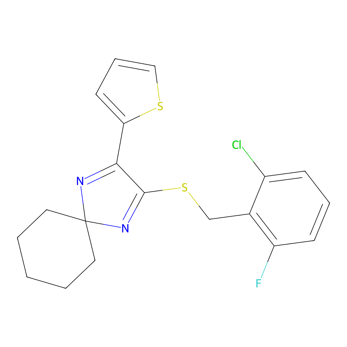 2-((2-Chloro-6-fluorobenzyl)thio)-3-(thiophen-2-yl)-1,4-diazaspiro[4.5]deca-1,3-diene molecular structure, CAS 1286052-26-3