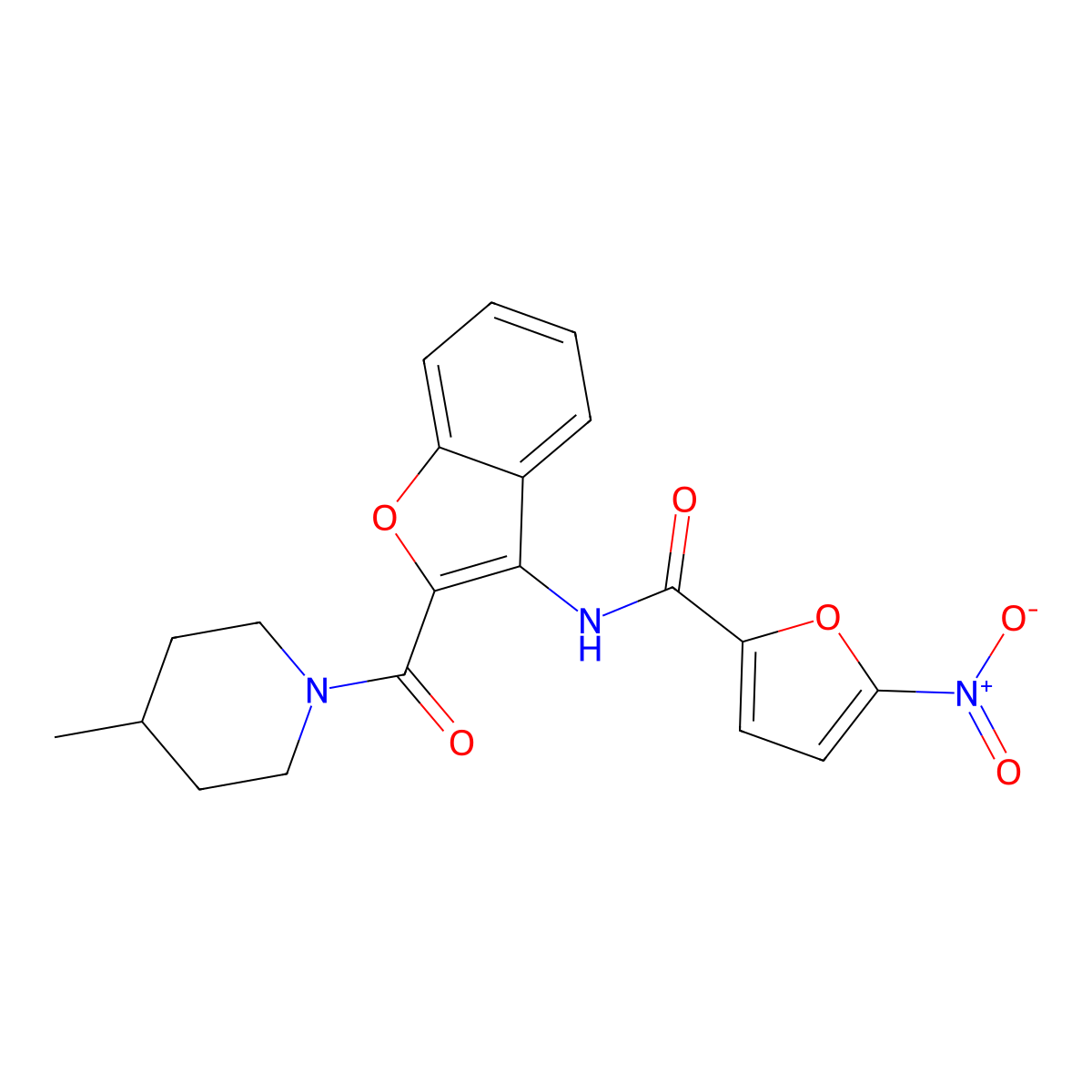 N-(2-(4-Methylpiperidine-1-carbonyl)benzofuran-3-yl)-5-nitrofuran-2-carboxamide molecular structure, CAS 1286085-81-1