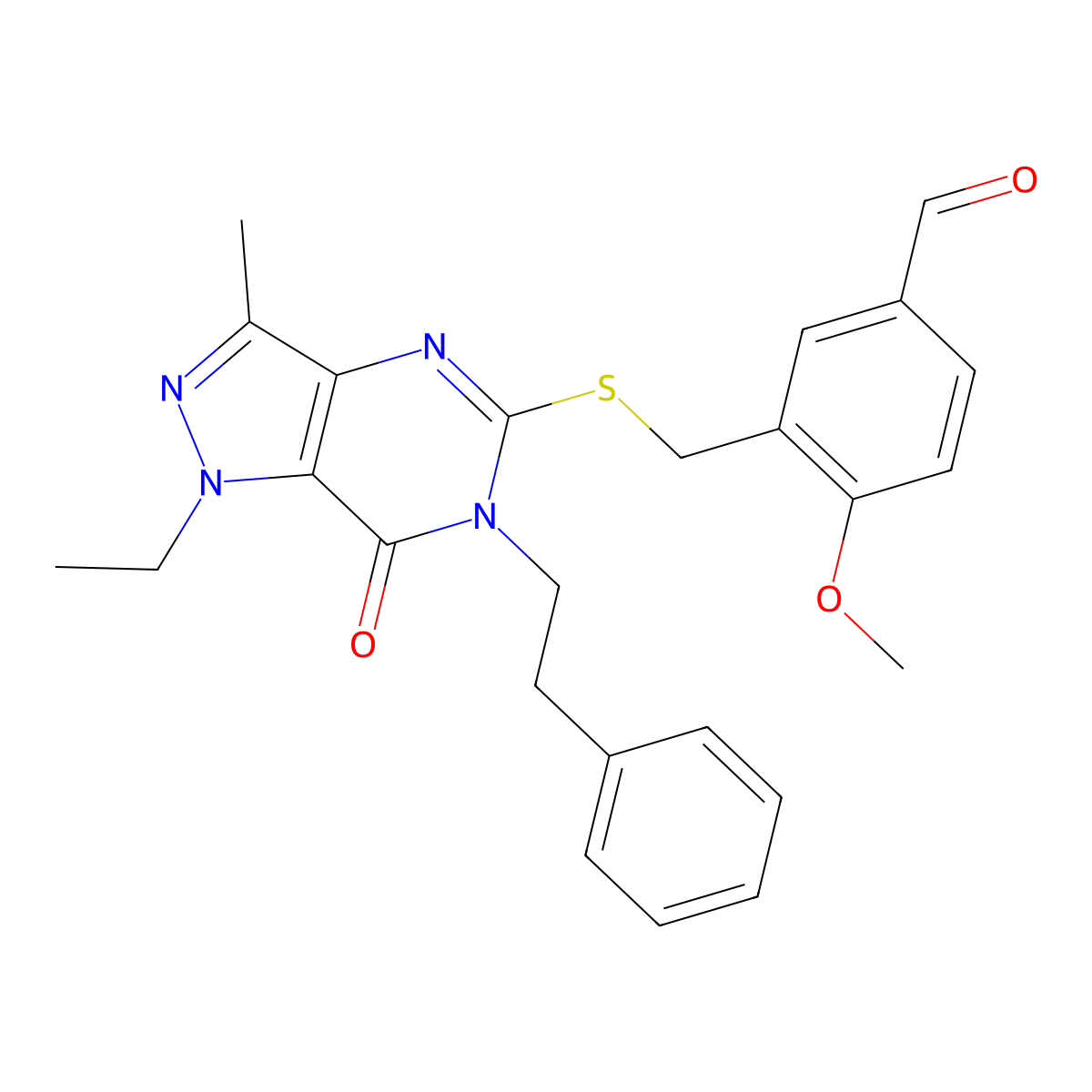 3-{[(1-ethyl-3-methyl-7-oxo-6-phenethyl-6,7-dihydro-1H-pyrazolo[4,3-d]pyrimidin-5-yl)sulfanyl]methyl}-4-methoxybenzaldehyde molecular structure, CAS 1286141-64-7