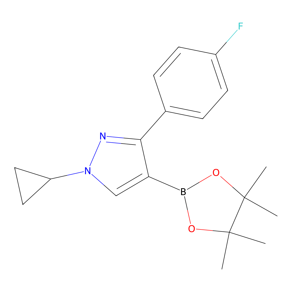1-cyclopropyl-3-(4-fluorophenyl)-4-(4,4,5,5-tetramethyl-1,3,2-dioxaborolan-2-yl)-1H-pyrazole molecular structure, CAS 1286230-76-9