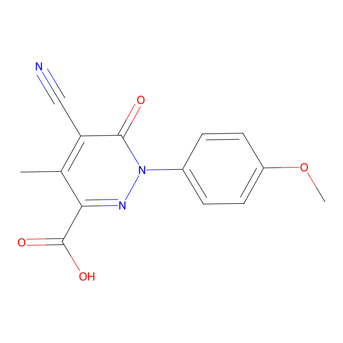 5-Cyano-1-(4-methoxyphenyl)-4-methyl-6-oxo-1,6-dihydro-3-pyridazinecarboxylic acid molecular structure, CAS 128639-57-6