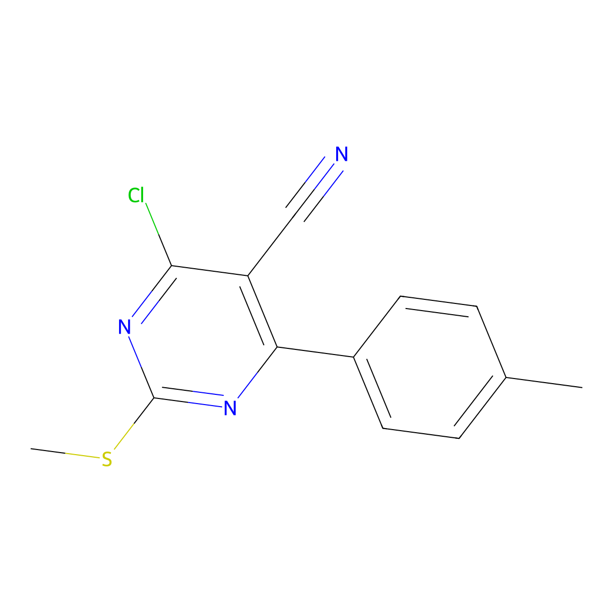 4-Chloro-6-(4-methylphenyl)-2-(methylsulfanyl)pyrimidine-5-carbonitrile molecular structure, CAS 128640-74-4