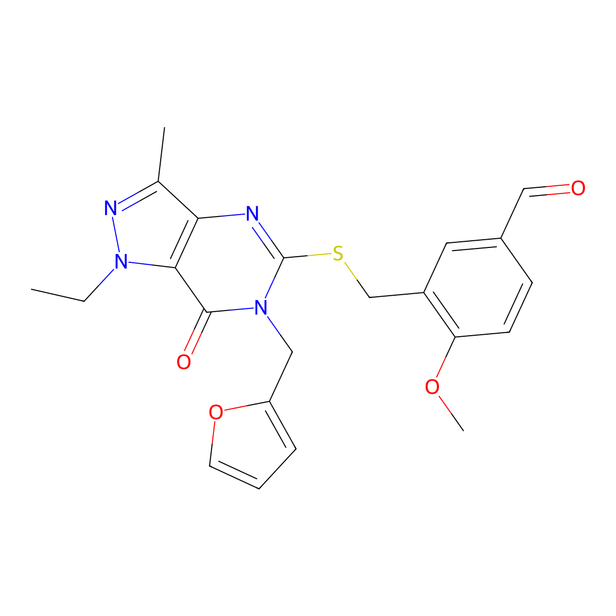 3-({[1-ethyl-6-(2-furylmethyl)-3-methyl-7-oxo-6,7-dihydro-1H-pyrazolo[4,3-d]pyrimidin-5-yl]sulfanyl}methyl)-4-methoxybenzaldehyde molecular structure, CAS 1286451-89-5