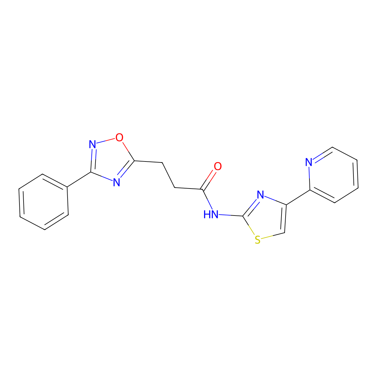 3-(3-phenyl-1,2,4-oxadiazol-5-yl)-N-(4-(pyridin-2-yl)thiazol-2-yl)propanamide molecular structure, CAS 1286453-53-9