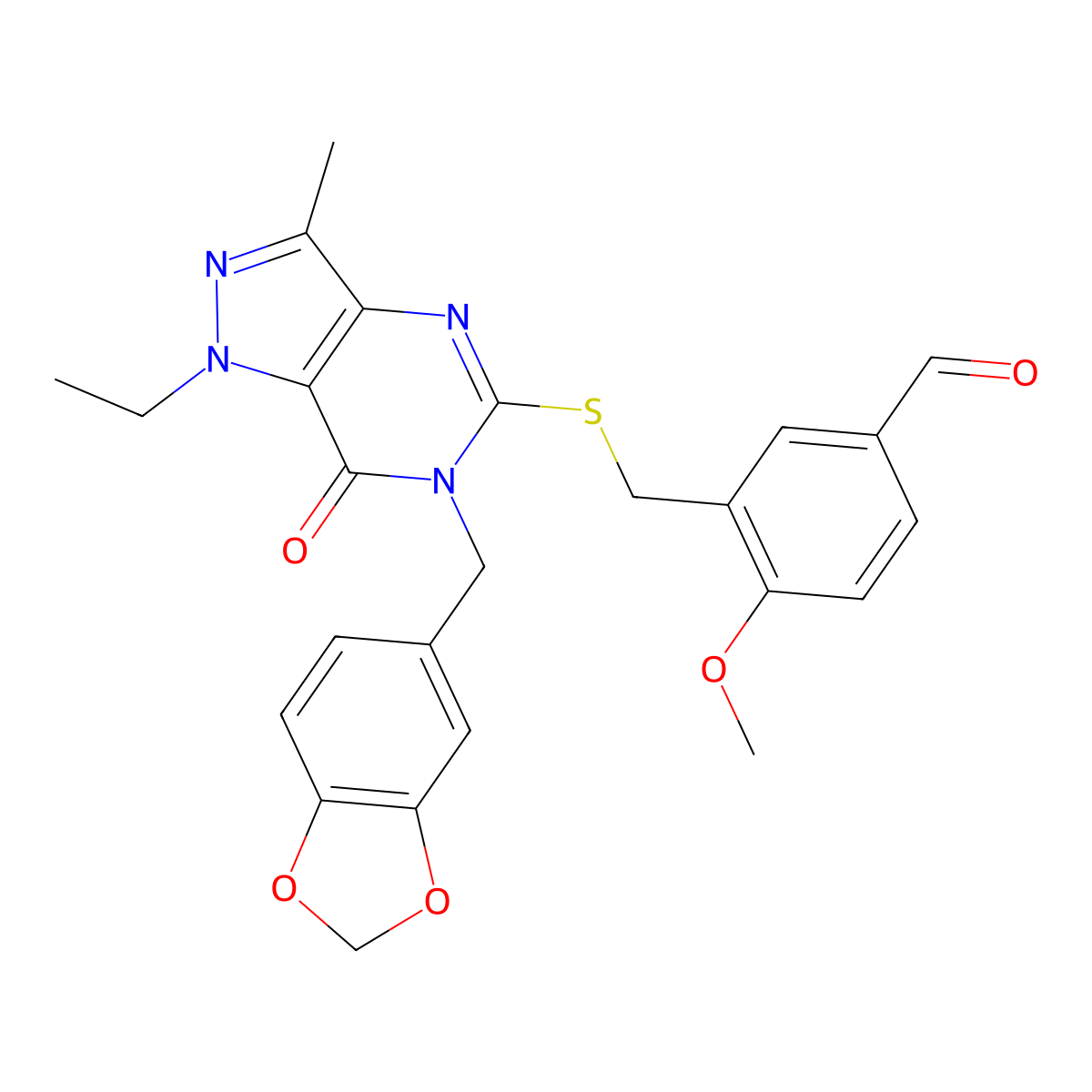 3-(((6-(benzo[d][1,3]dioxol-5-ylmethyl)-1-ethyl-3-methyl-7-oxo-6,7-dihydro-1H-pyrazolo[4,3-d]pyrimidin-5-yl)thio)methyl)-4-methoxybenzaldehyde molecular structure, CAS 1286647-30-0