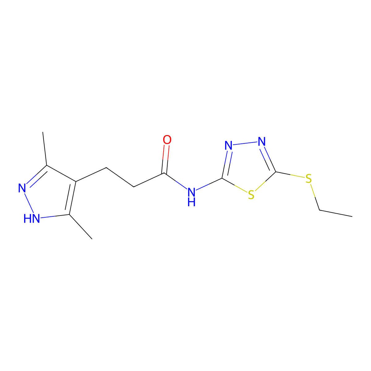 3-(3,5-dimethyl-1H-pyrazol-4-yl)-N-(5-(ethylthio)-1,3,4-thiadiazol-2-yl)propanamide molecular structure, CAS 1286695-14-4