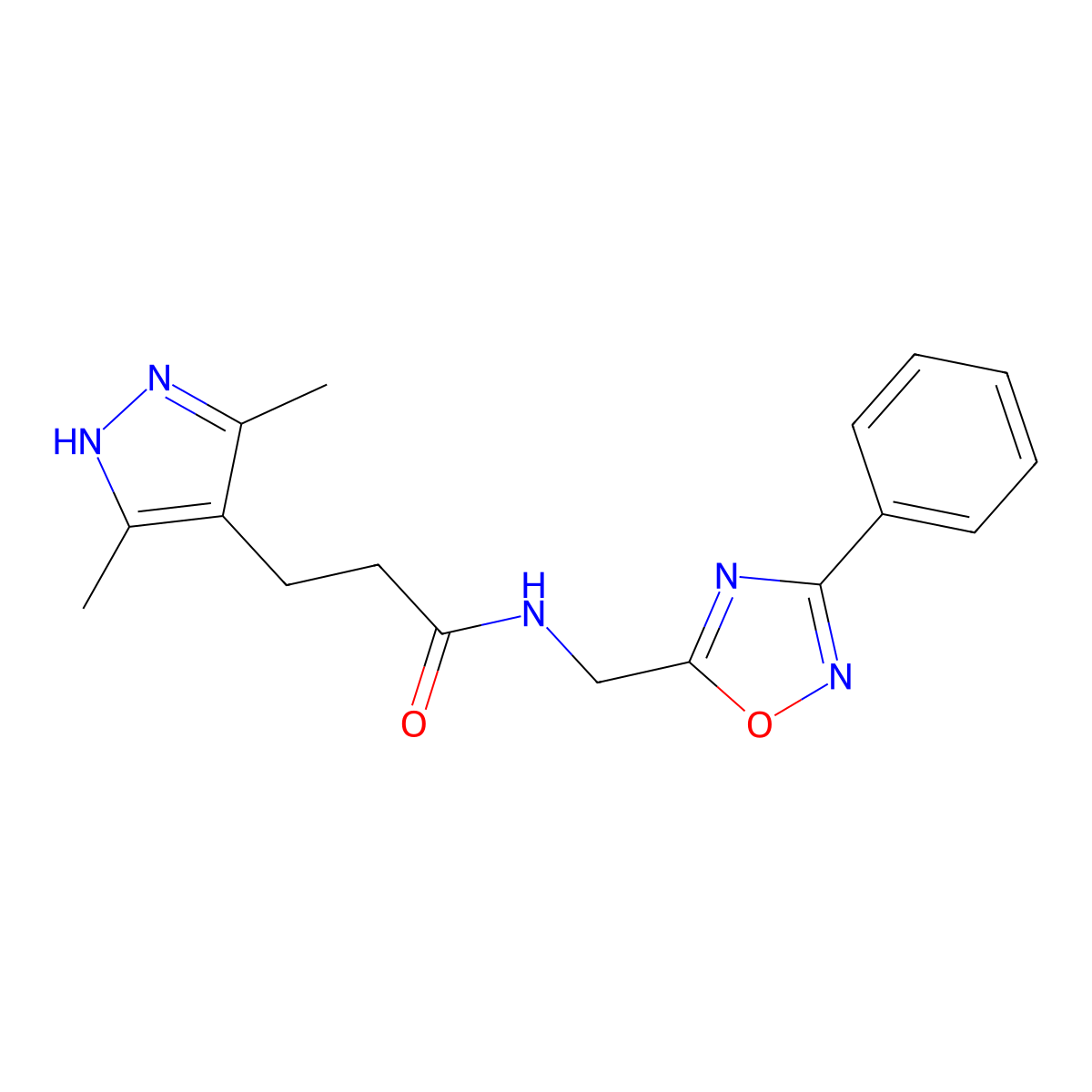 3-(3,5-dimethyl-1H-pyrazol-4-yl)-N-[(3-phenyl-1,2,4-oxadiazol-5-yl)methyl]propanamide molecular structure, CAS 1286695-16-6