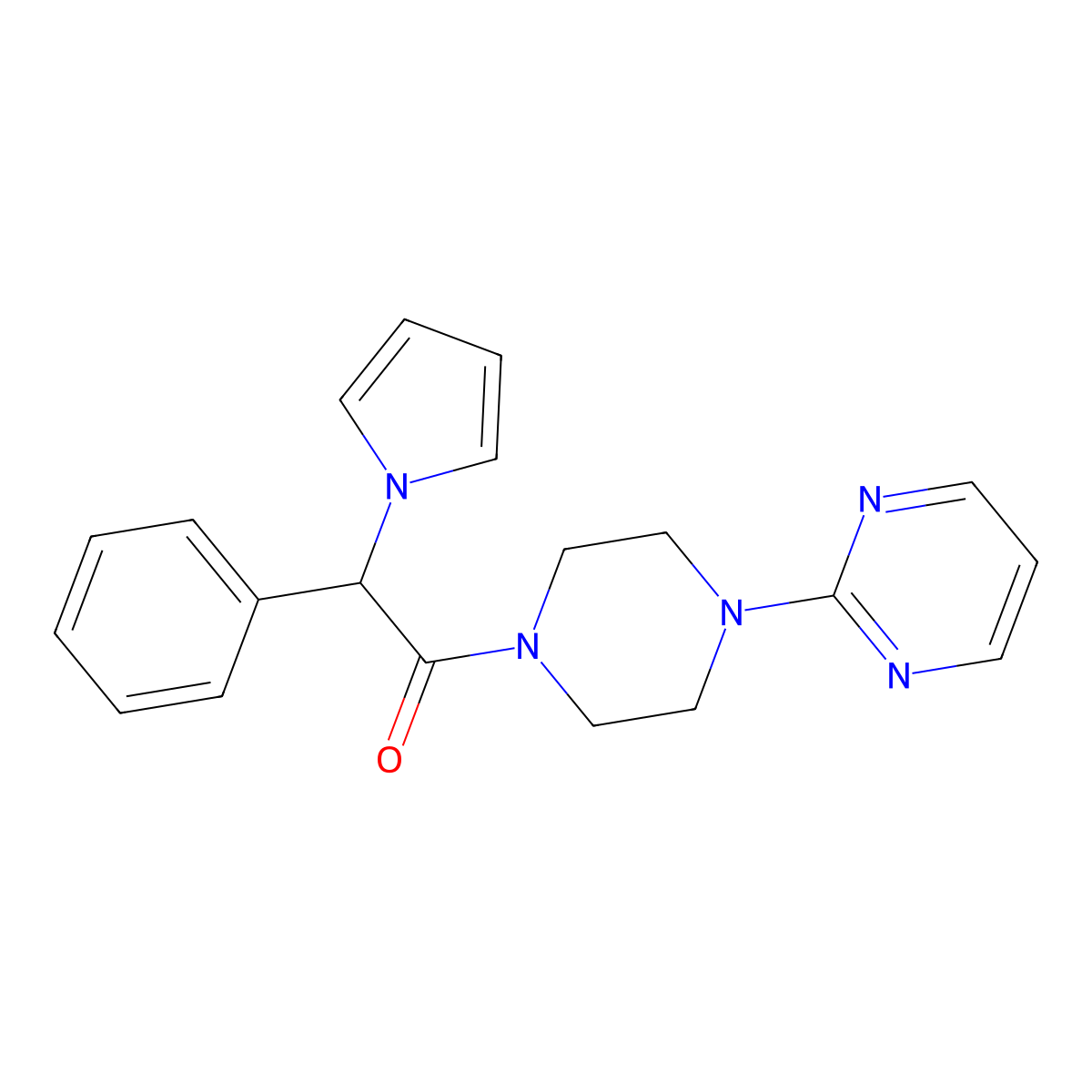 2-phenyl-1-(4-(pyrimidin-2-yl)piperazin-1-yl)-2-(1H-pyrrol-1-yl)ethanone molecular structure, CAS 1286695-38-2