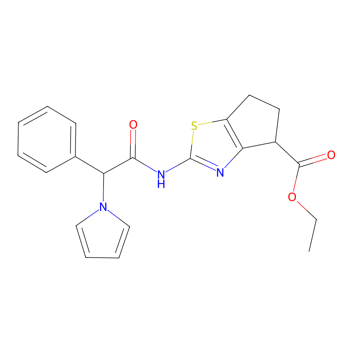 ethyl 2-(2-phenyl-2-(1H-pyrrol-1-yl)acetamido)-5,6-dihydro-4H-cyclopenta[d]thiazole-4-carboxylate molecular structure, CAS 1286695-40-6