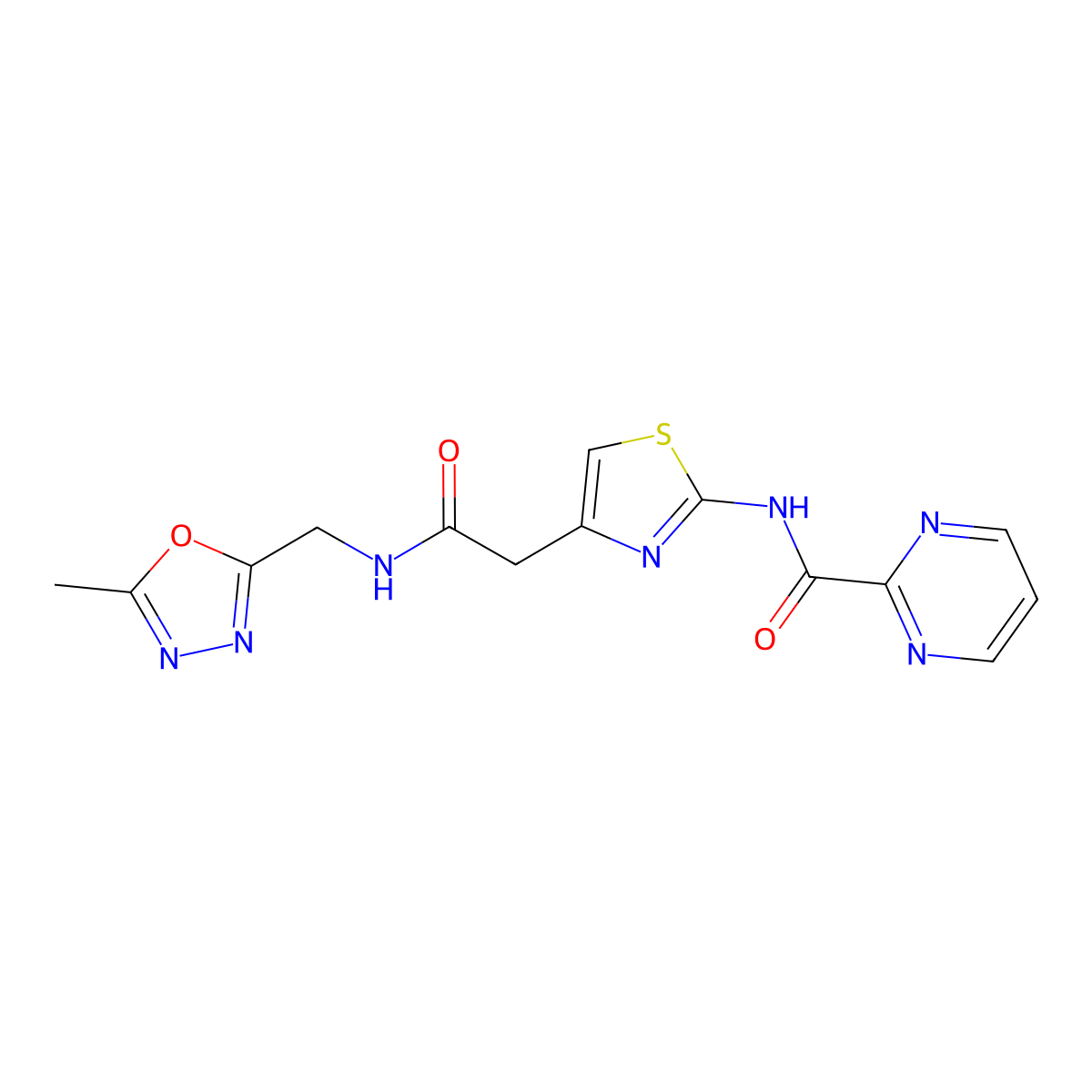 N-(4-(2-(((5-methyl-1,3,4-oxadiazol-2-yl)methyl)amino)-2-oxoethyl)thiazol-2-yl)pyrimidine-2-carboxamide molecular structure, CAS 1286695-44-0