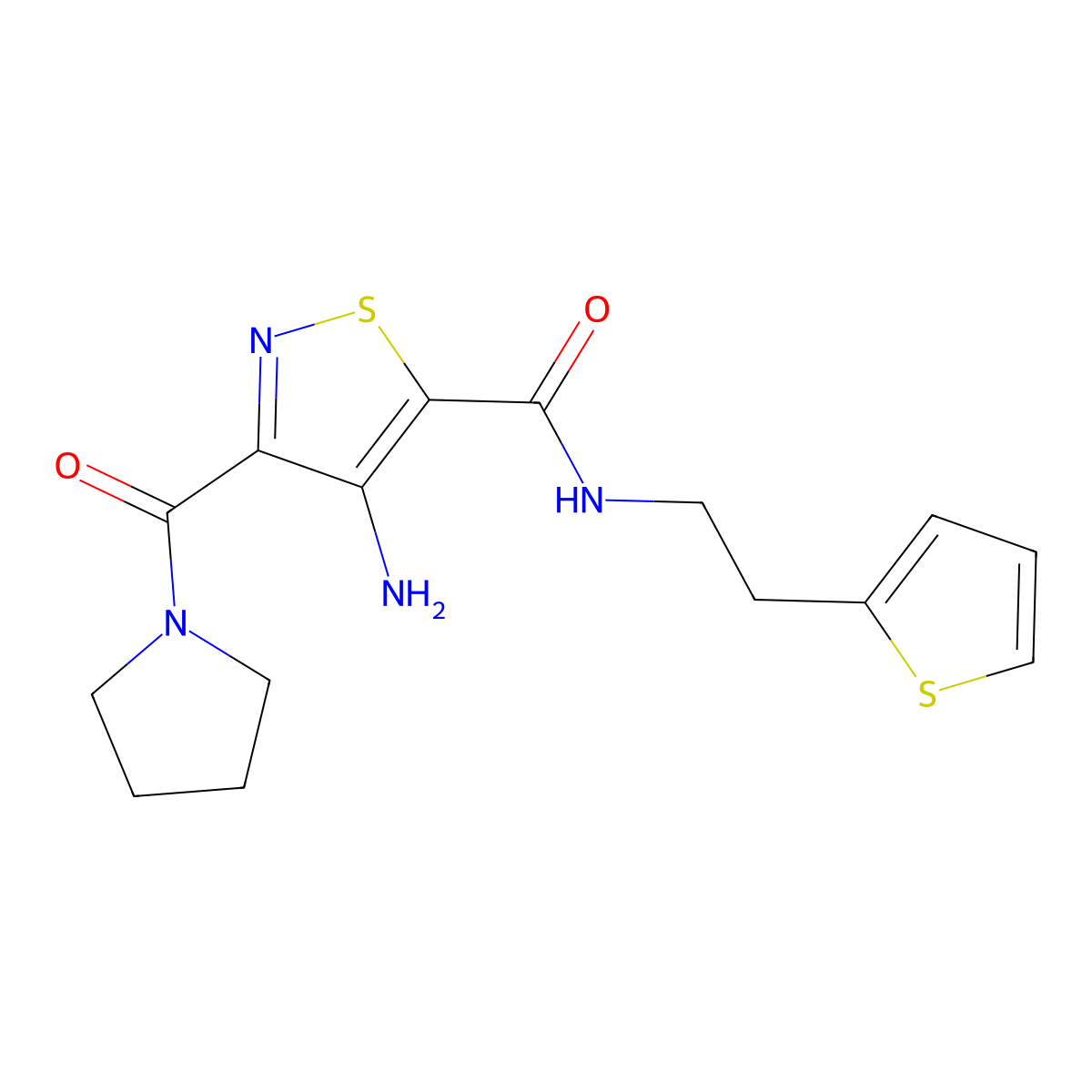 4-amino-3-(pyrrolidine-1-carbonyl)-N-(2-(thiophen-2-yl)ethyl)isothiazole-5-carboxamide molecular structure, CAS 1286695-81-5