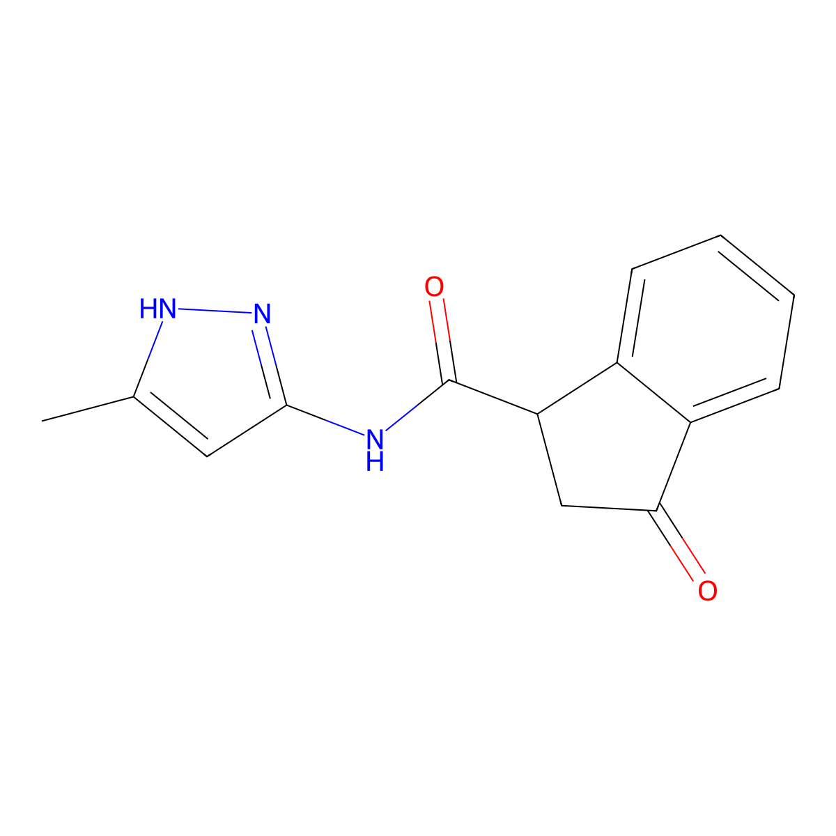 N-(5-methyl-1H-pyrazol-3-yl)-3-oxo-2,3-dihydro-1H-indene-1-carboxamide molecular structure, CAS 1286696-02-3