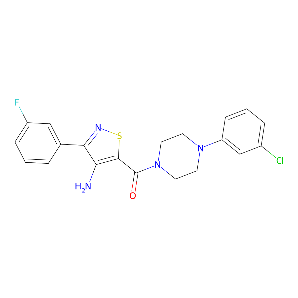 (4-Amino-3-(3-fluorophenyl)isothiazol-5-yl)(4-(3-chlorophenyl)piperazin-1-yl)methanone molecular structure, CAS 1286696-15-8