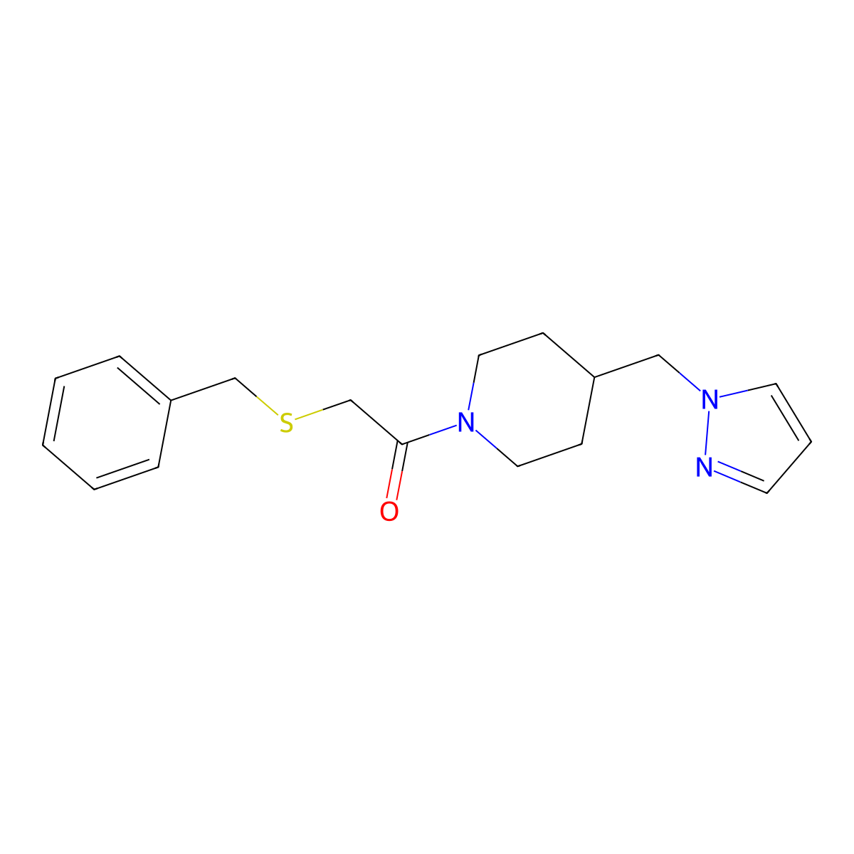 1-(4-((1H-pyrazol-1-yl)methyl)piperidin-1-yl)-2-(benzylthio)ethanone molecular structure, CAS 1286696-16-9