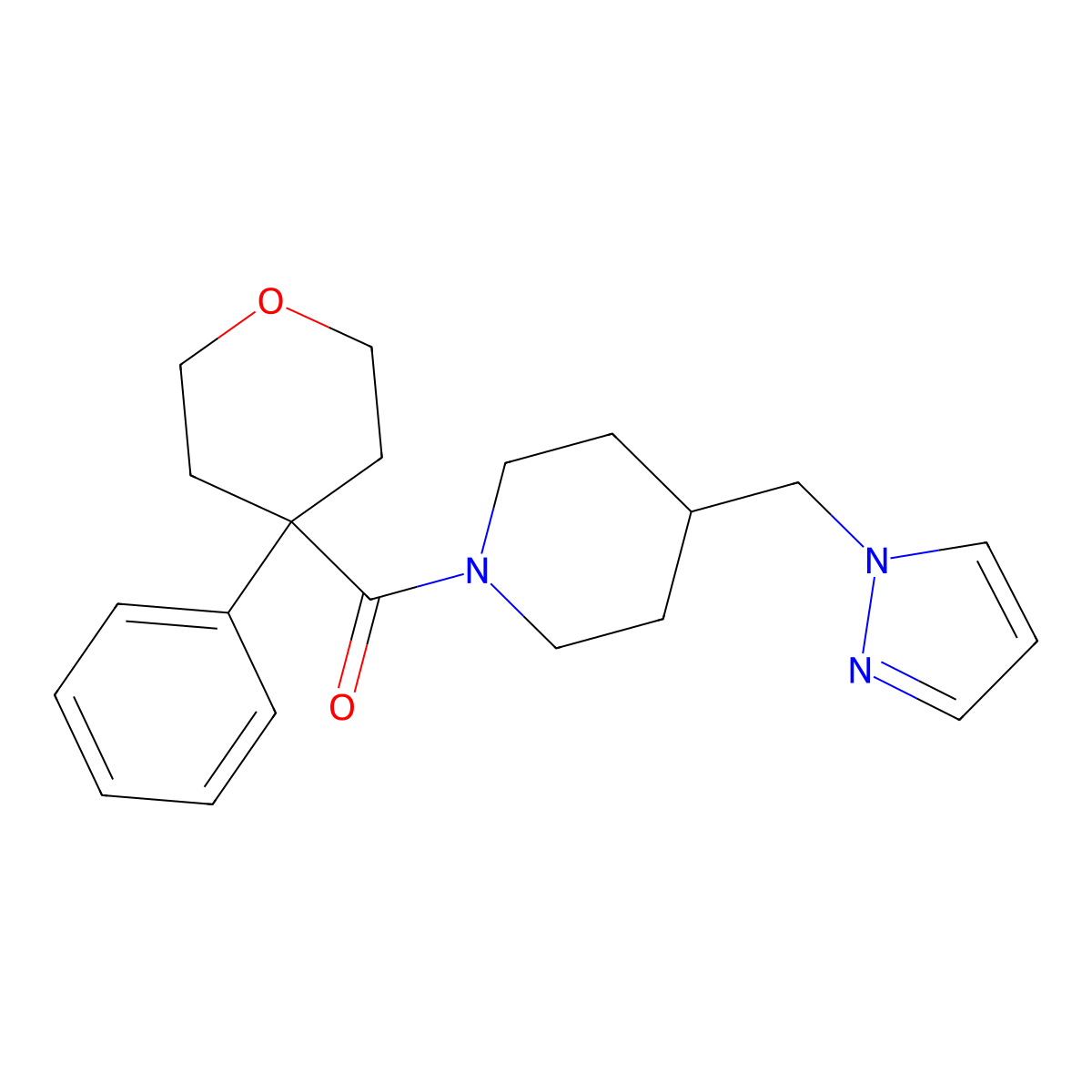 (4-((1H-pyrazol-1-yl)methyl)piperidin-1-yl)(4-phenyltetrahydro-2H-pyran-4-yl)methanone molecular structure, CAS 1286696-22-7