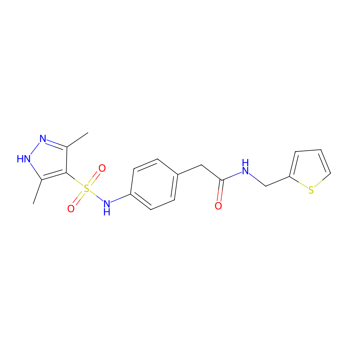 2-(4-(3,5-dimethyl-1H-pyrazole-4-sulfonamido)phenyl)-N-(thiophen-2-ylmethyl)acetamide molecular structure, CAS 1286696-30-7