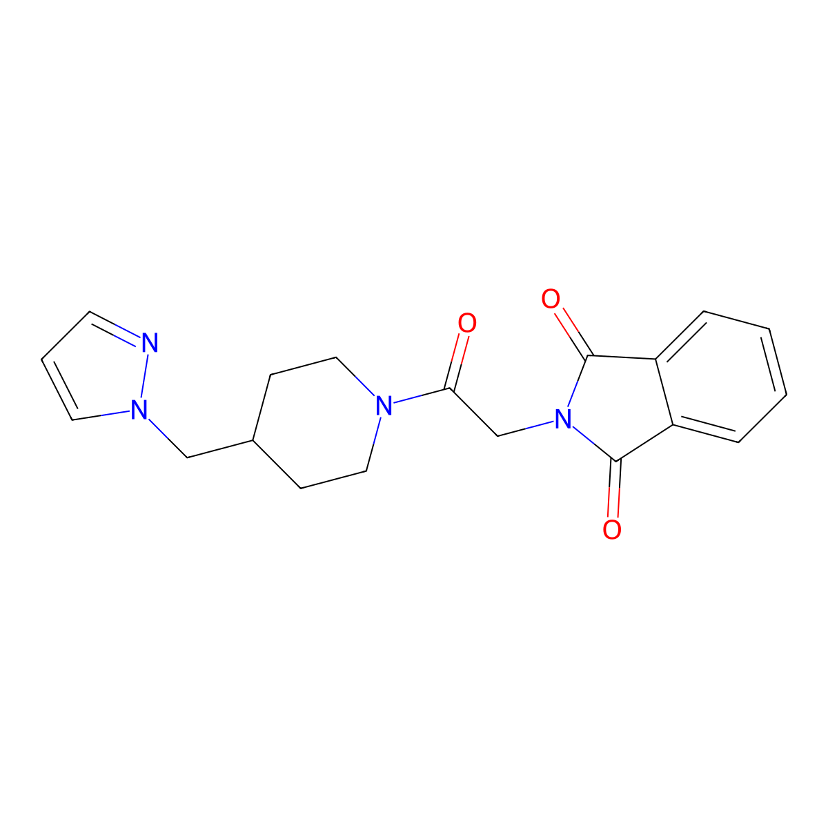 2-(2-(4-((1H-pyrazol-1-yl)methyl)piperidin-1-yl)-2-oxoethyl)isoindoline-1,3-dione molecular structure, CAS 1286696-32-9