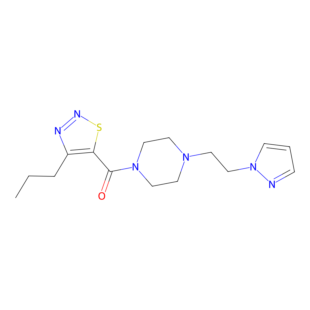 (4-(2-(1H-pyrazol-1-yl)ethyl)piperazin-1-yl)(4-propyl-1,2,3-thiadiazol-5-yl)methanone molecular structure, CAS 1286696-38-5