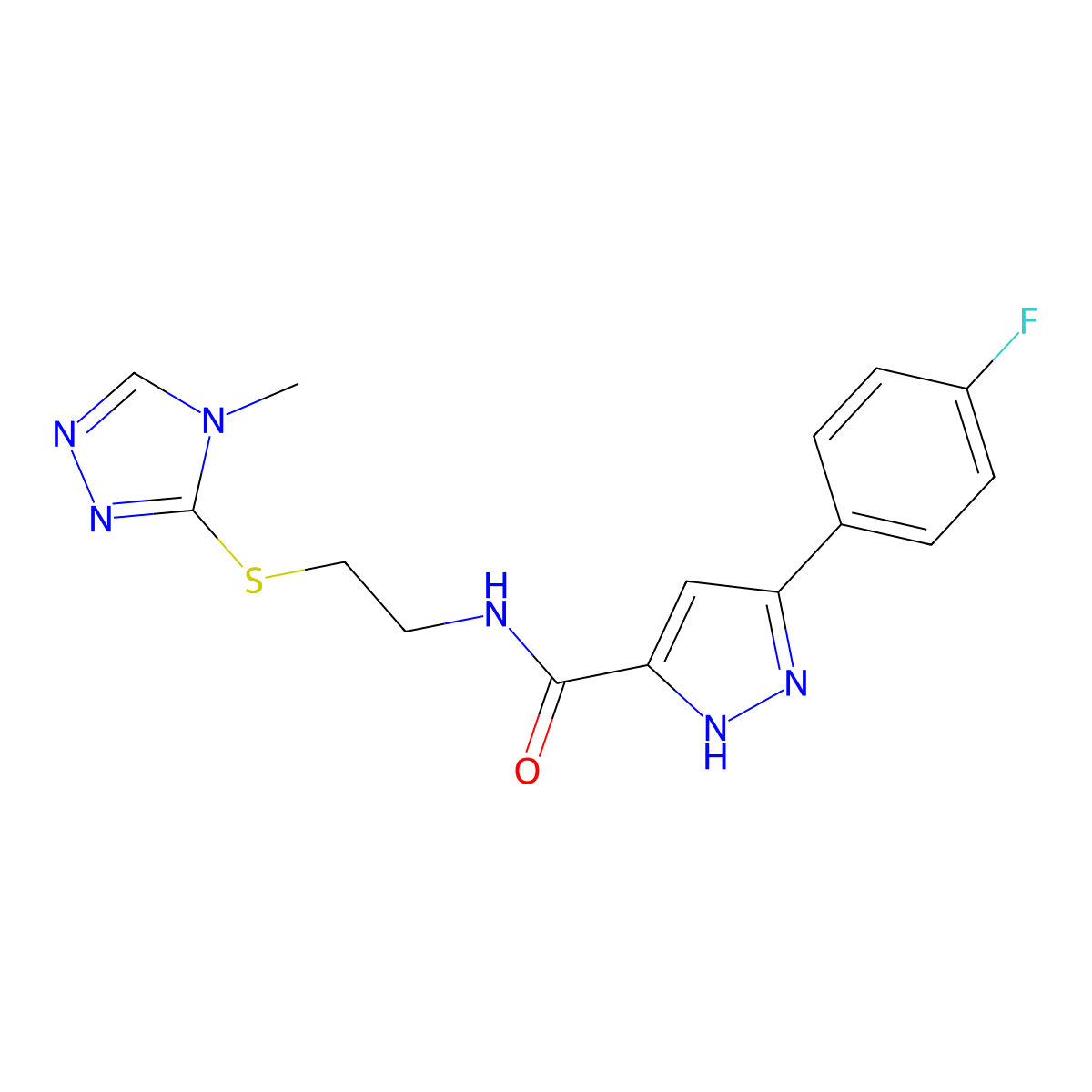 5-(4-fluorophenyl)-N-(2-((4-methyl-4H-1,2,4-triazol-3-yl)thio)ethyl)-1H-pyrazole-3-carboxamide molecular structure, CAS 1286696-40-9