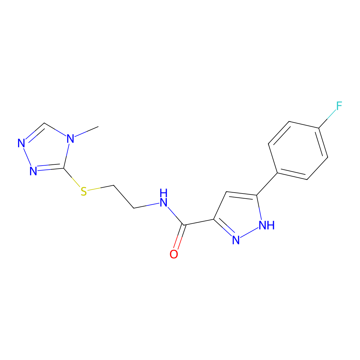 5-(4-fluorophenyl)-N-(2-((4-methyl-4H-1,2,4-triazol-3-yl)thio)ethyl)-1H-pyrazole-3-carboxamide molecular structure, CAS 1286696-40-9