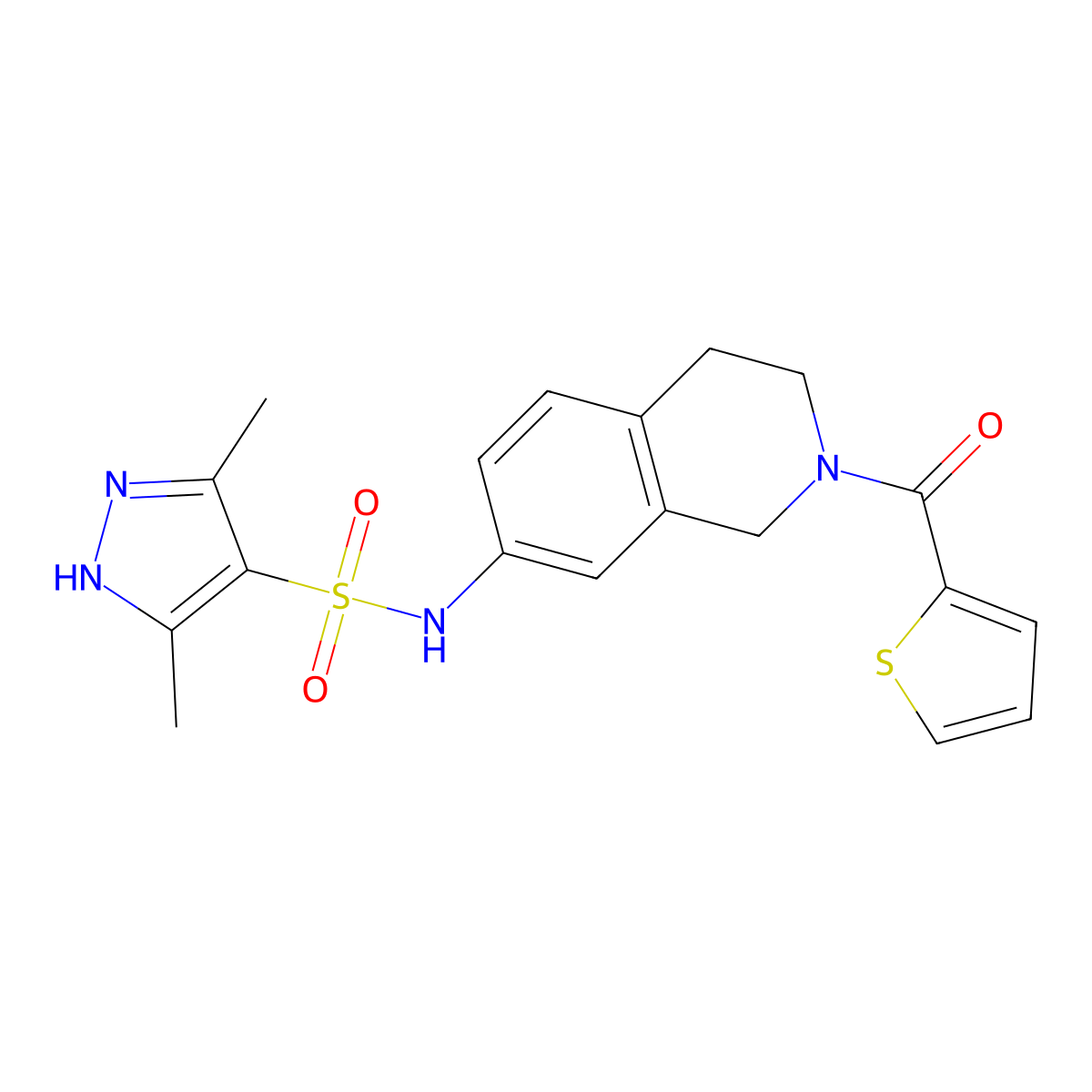 3,5-dimethyl-N-[2-(thiophene-2-carbonyl)-1,2,3,4-tetrahydroisoquinolin-7-yl]-1H-pyrazole-4-sulfonamide molecular structure, CAS 1286696-44-3