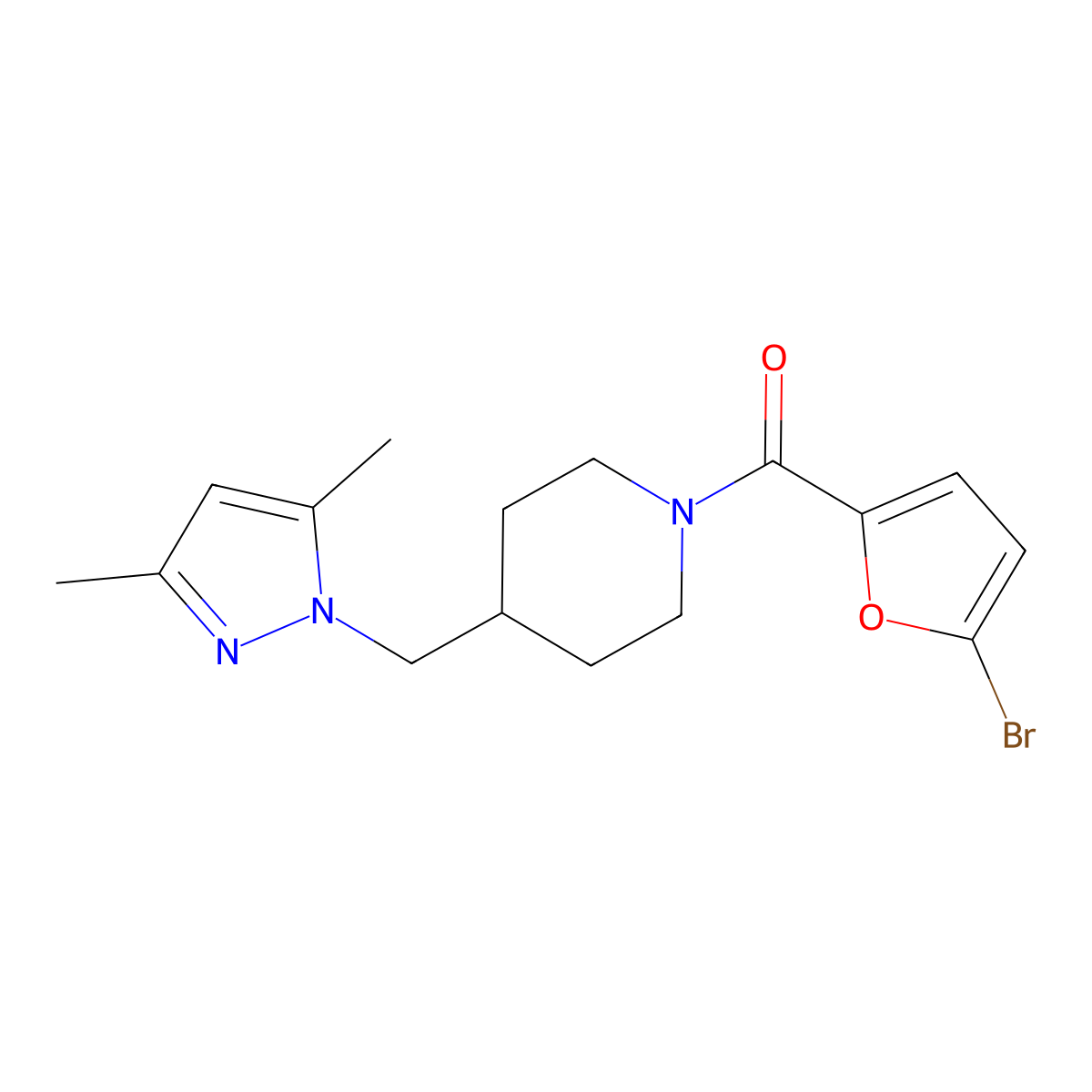 (5-bromofuran-2-yl)(4-((3,5-dimethyl-1H-pyrazol-1-yl)methyl)piperidin-1-yl)methanone molecular structure, CAS 1286696-45-4